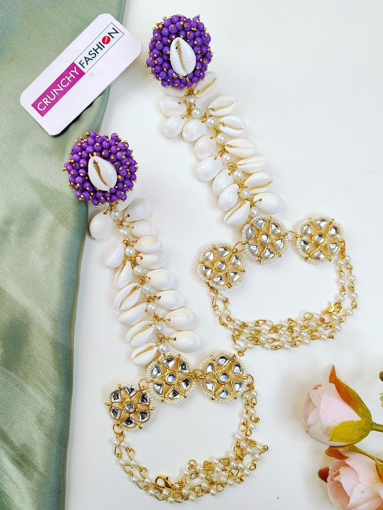 Lavender floral Haldi Mehndi Jewellery set with seashell, Kundan & pearls, ideal for women, girls & various occasions.