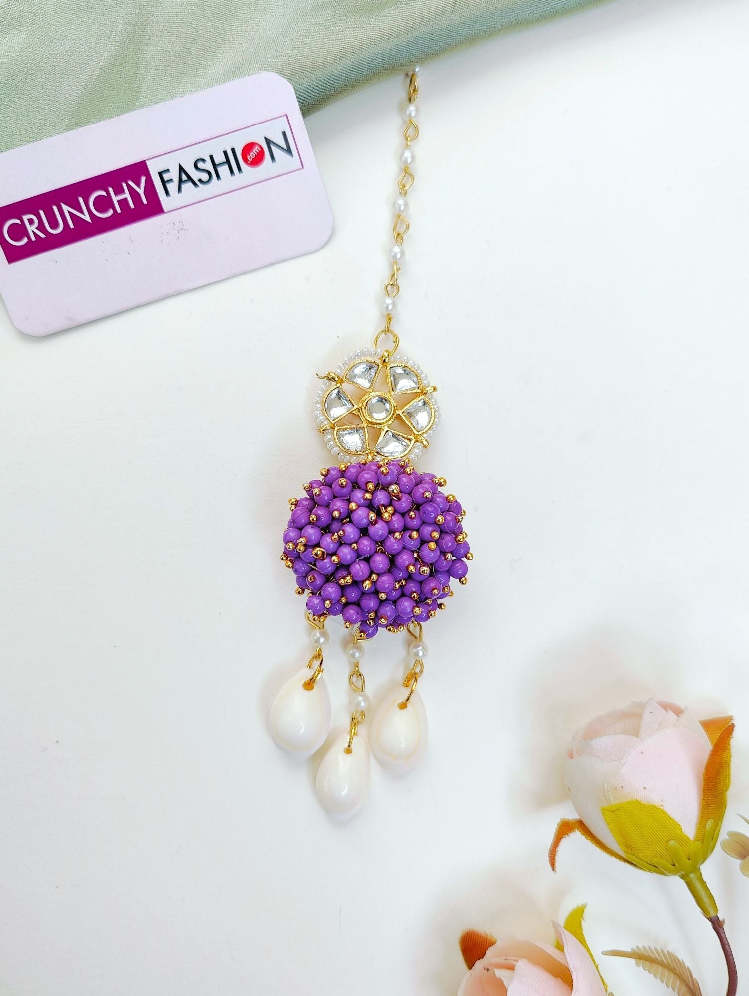 Lavender floral Haldi Mehndi Jewellery set with seashell, Kundan & pearls, ideal for women, girls & various occasions.