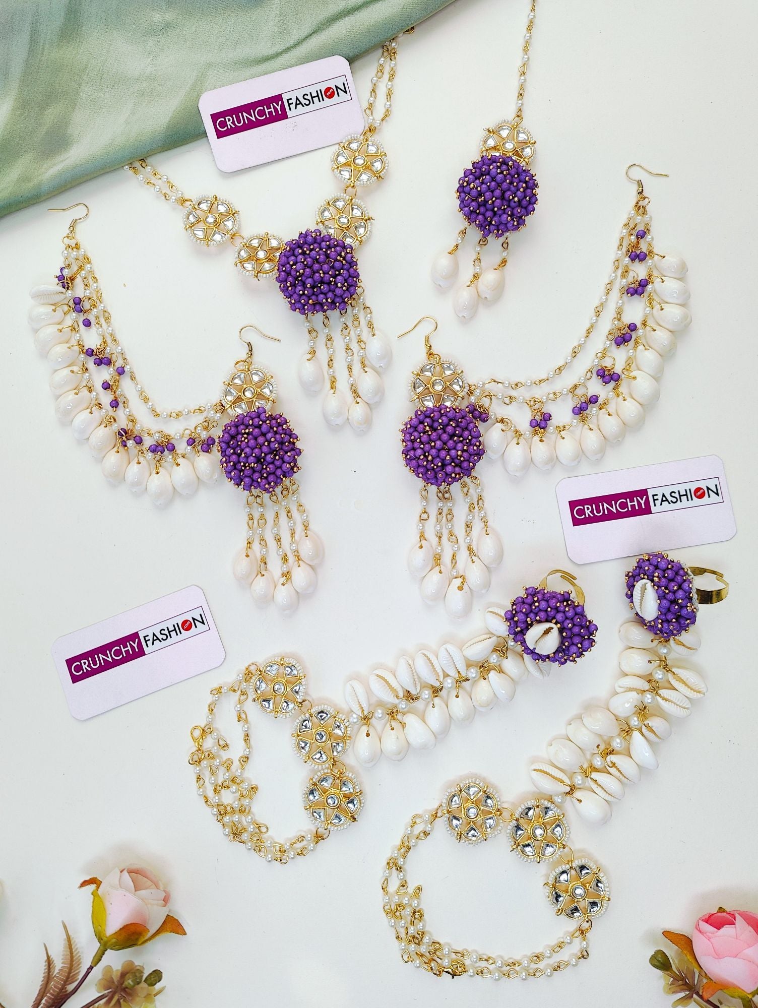 Lavender floral Haldi Mehndi Jewellery set with seashell, Kundan & pearls, ideal for women, girls & various occasions.