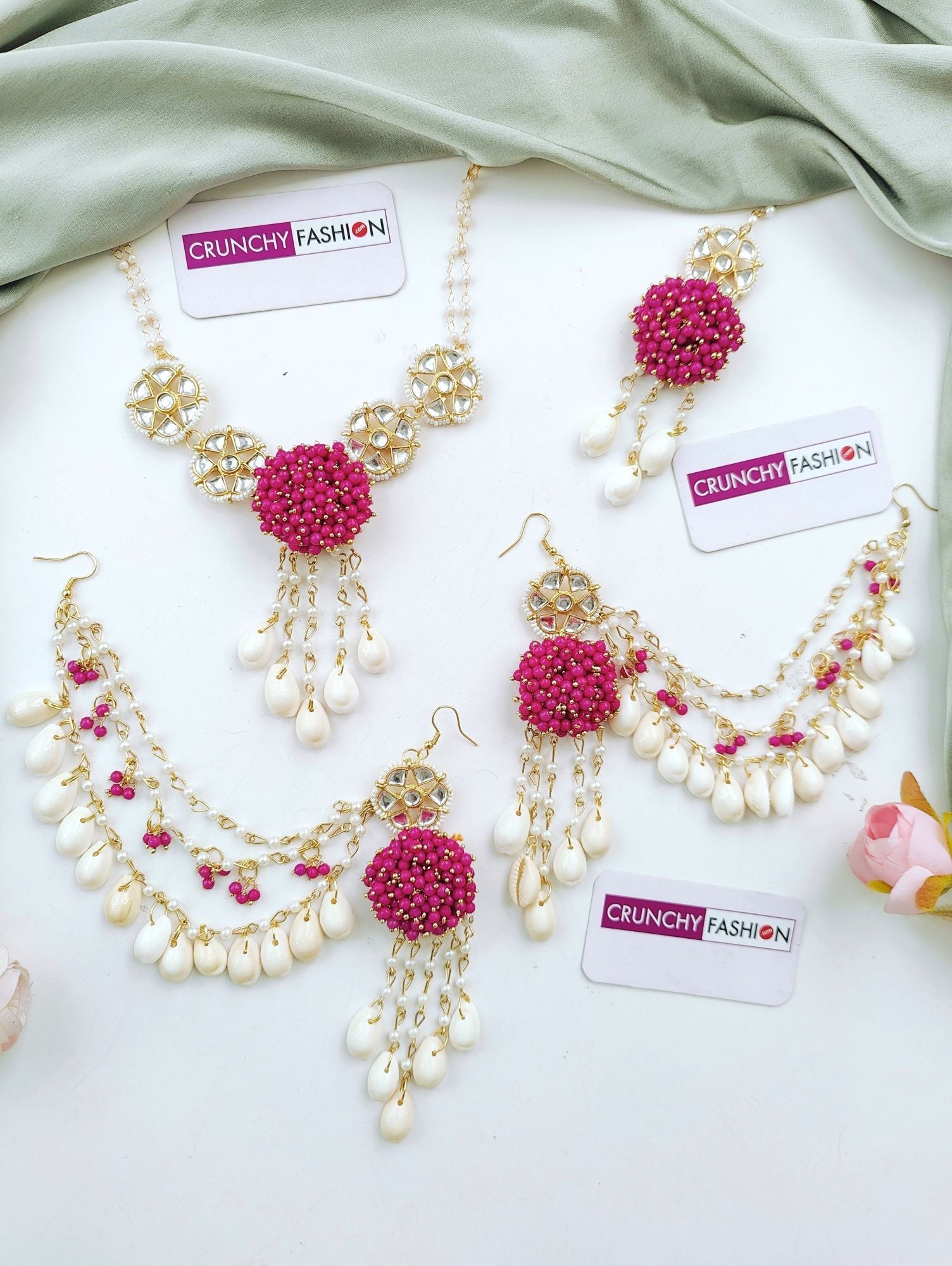 Pink seashell haldi mehndi jewelry set with kaliras for women, perfect for festive events like weddings, engagements