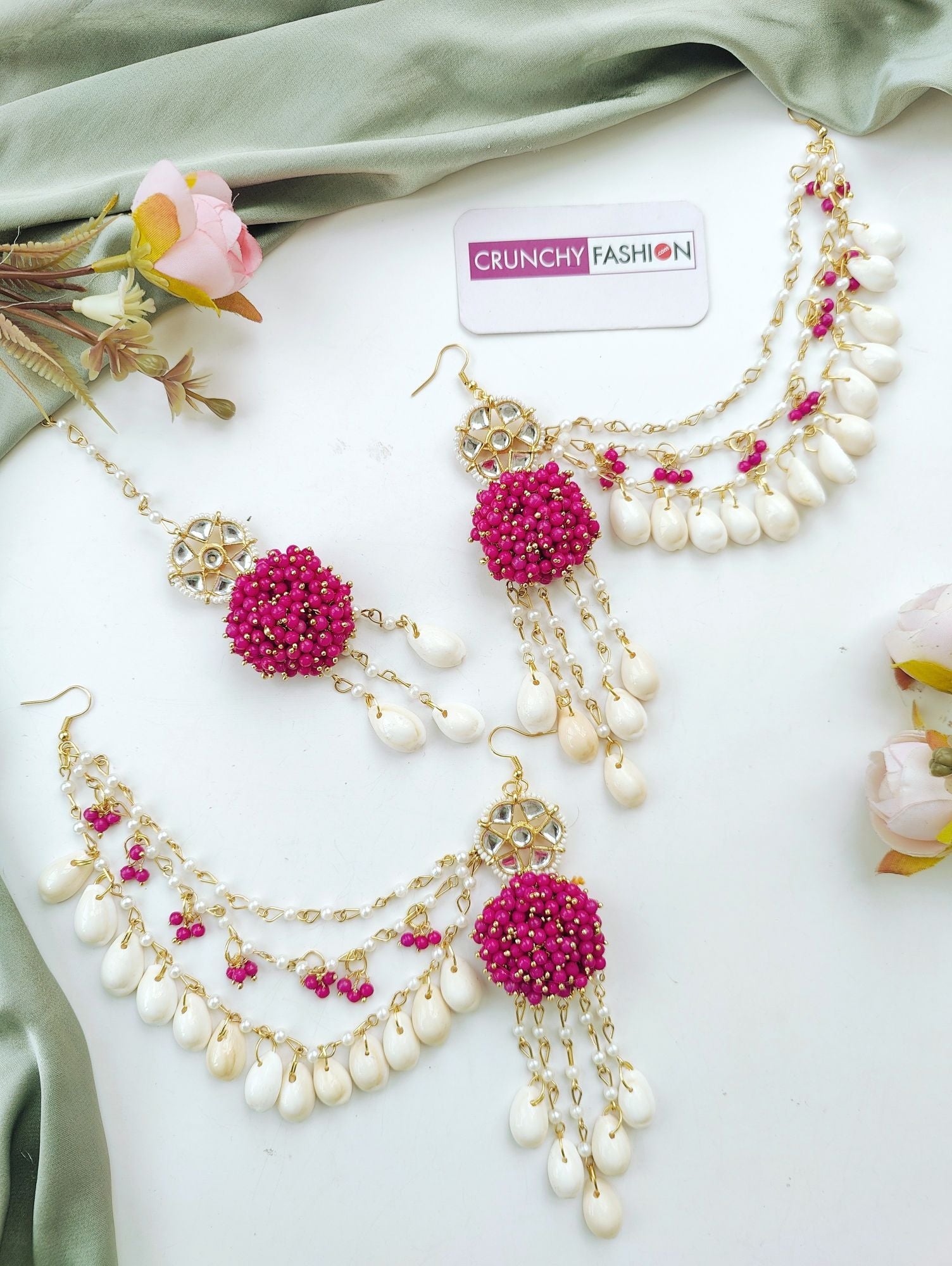 Pink seashell haldi mehndi jewelry set with kaliras for women, perfect for festive events like weddings, engagements