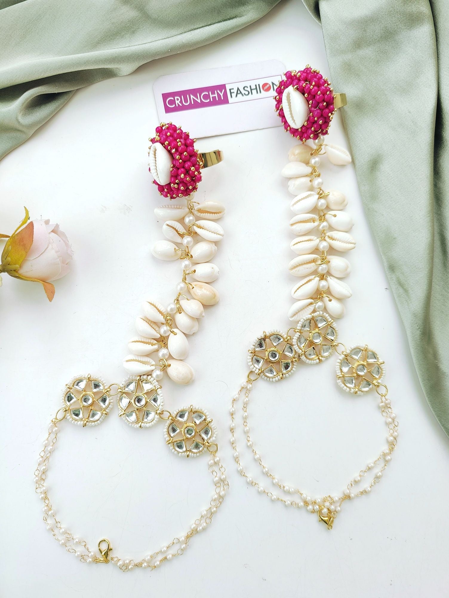 Pink seashell haldi mehndi jewelry set with kaliras for women, perfect for festive events like weddings, engagements