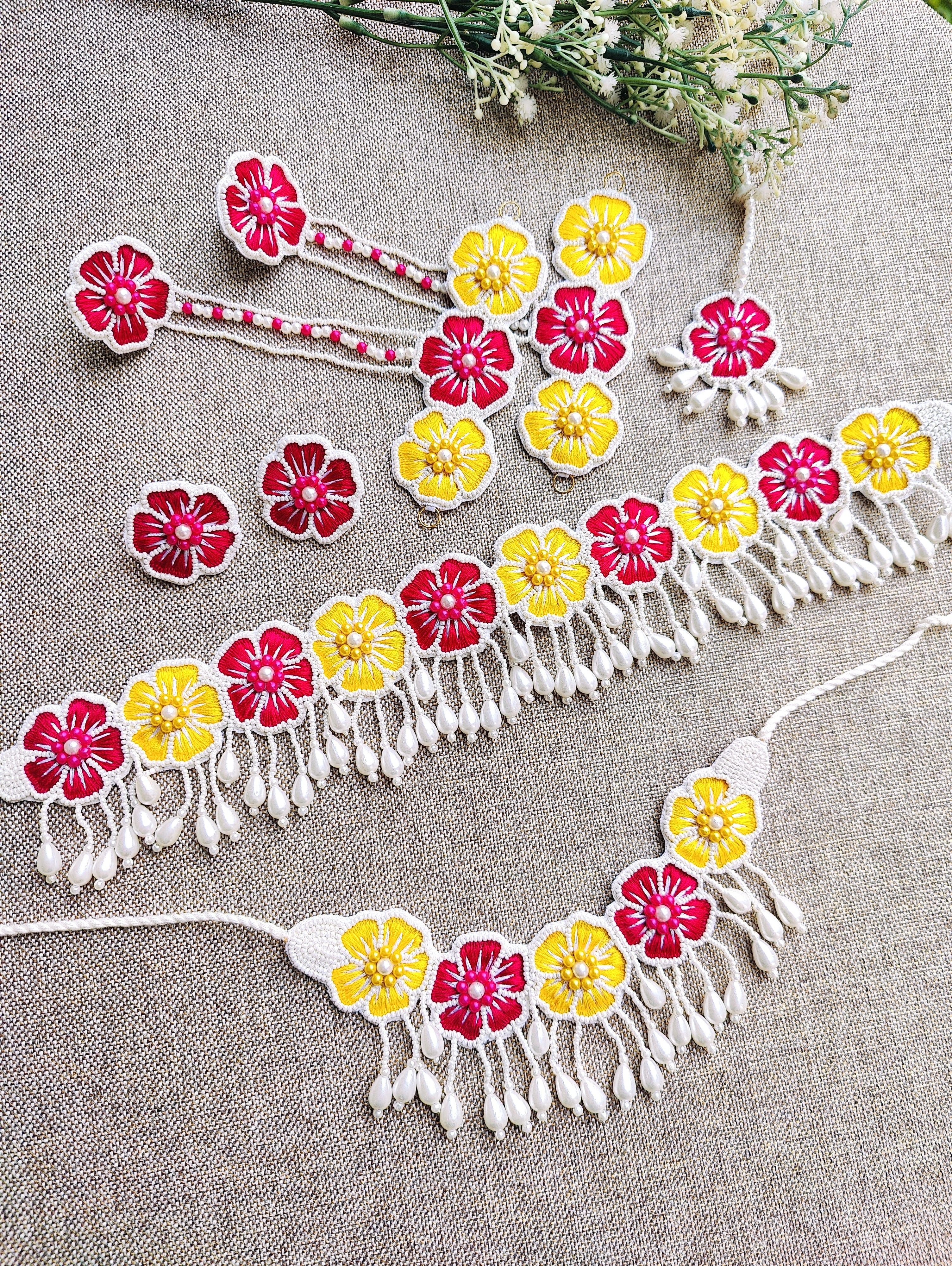 Handmade Pink-Yellow Floral Beaded Jewellery Set, ideal for Haldi, Mehndi, and Baby Showers