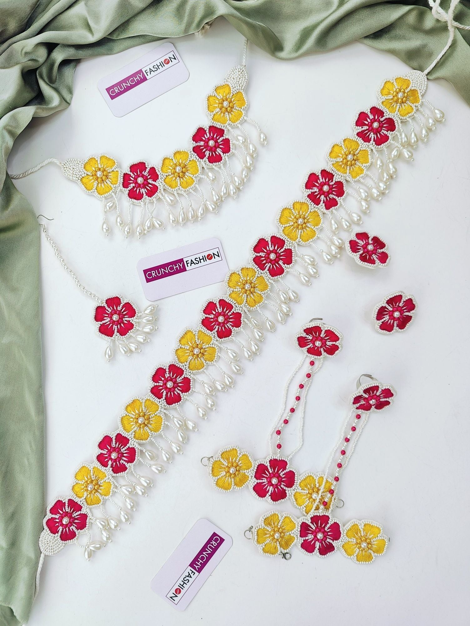 Handmade Pink-Yellow Floral Beaded Jewellery Set, ideal for Haldi, Mehndi, and Baby Showers