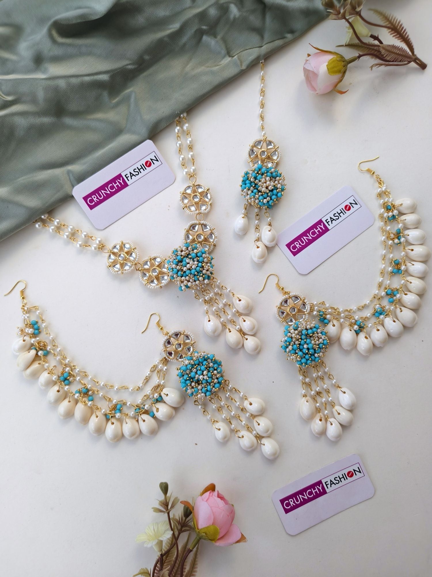 Sky-Blue & White Pearl Sea Shell Jewelry Set for Haldi