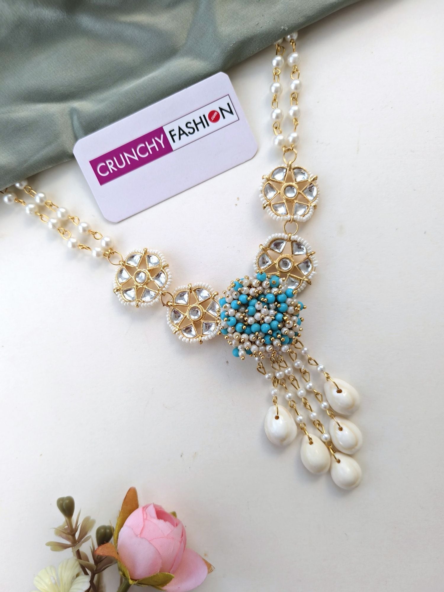 Sky-Blue & White Pearl Sea Shell Jewelry Set for Haldi