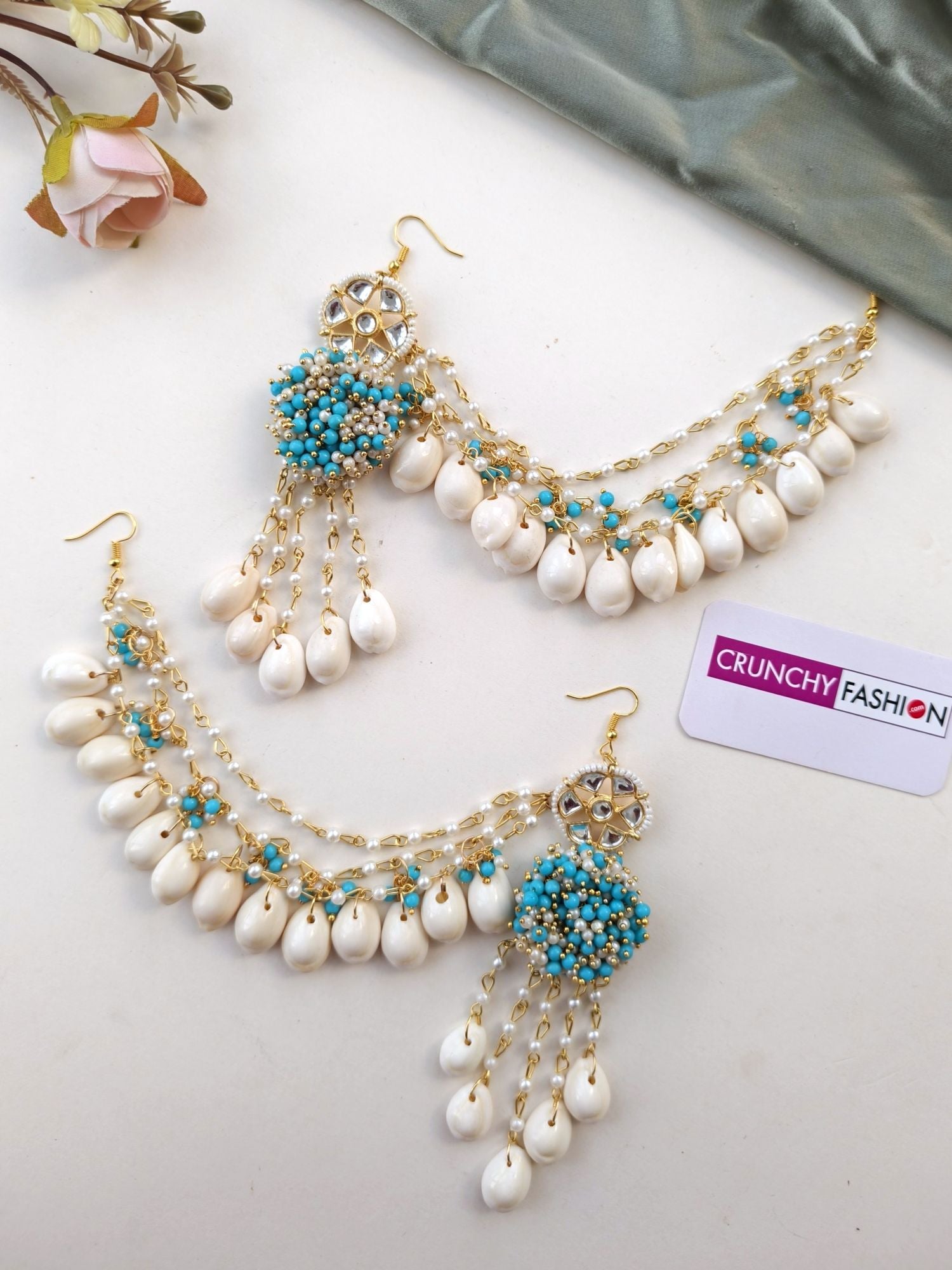 Sky-Blue & White Pearl Sea Shell Jewelry Set for Haldi