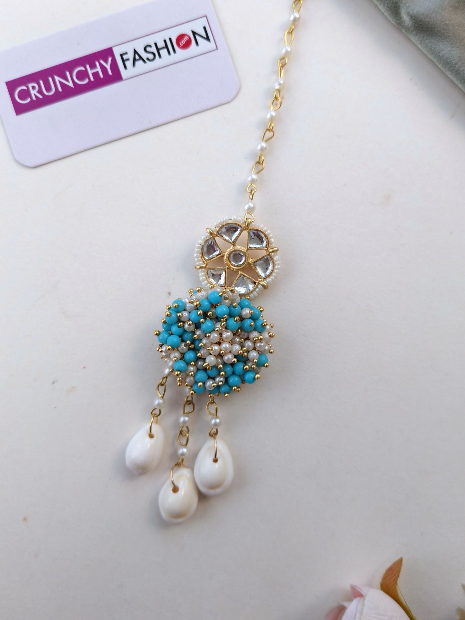 Sky-Blue & White Pearl Sea Shell Jewelry Set for Haldi