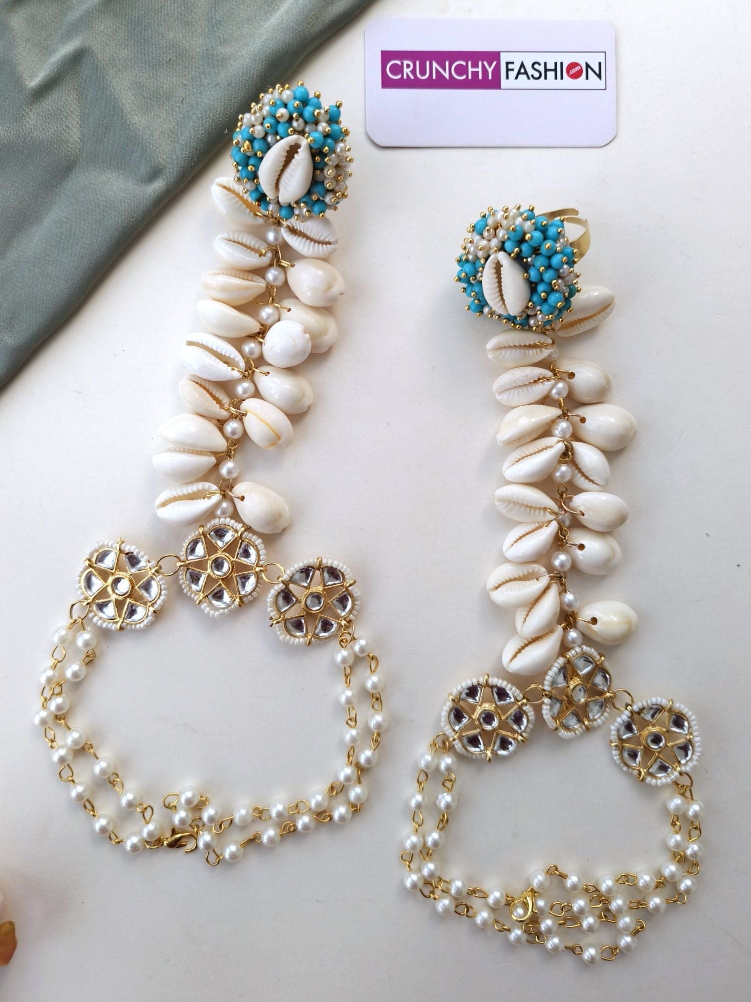 Sky-Blue & White Pearl Sea Shell Jewelry Set for Haldi