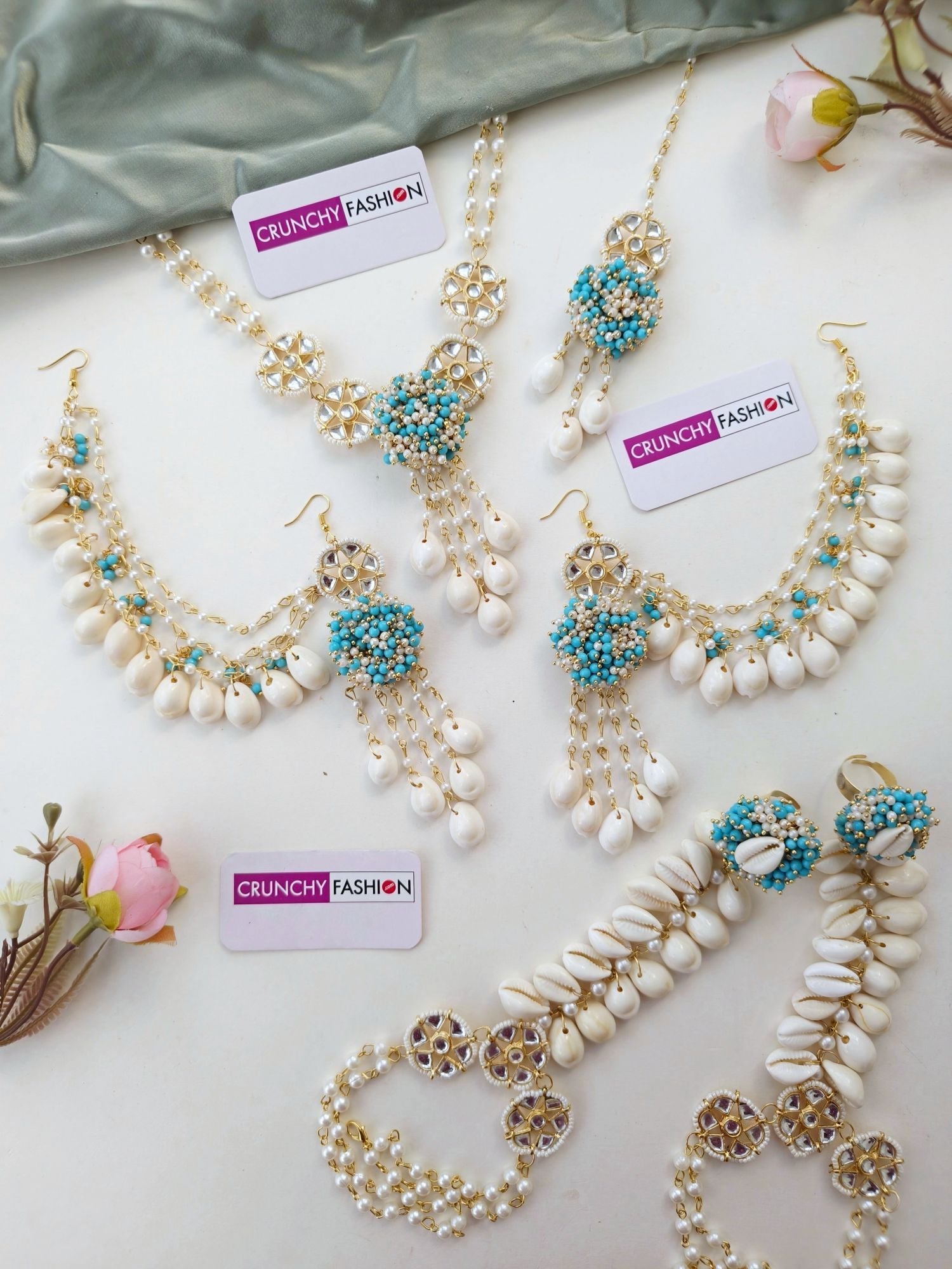Elegant Sky-Blue & White Pearl Sea Shell Jewelry Set for Haldi Occasions