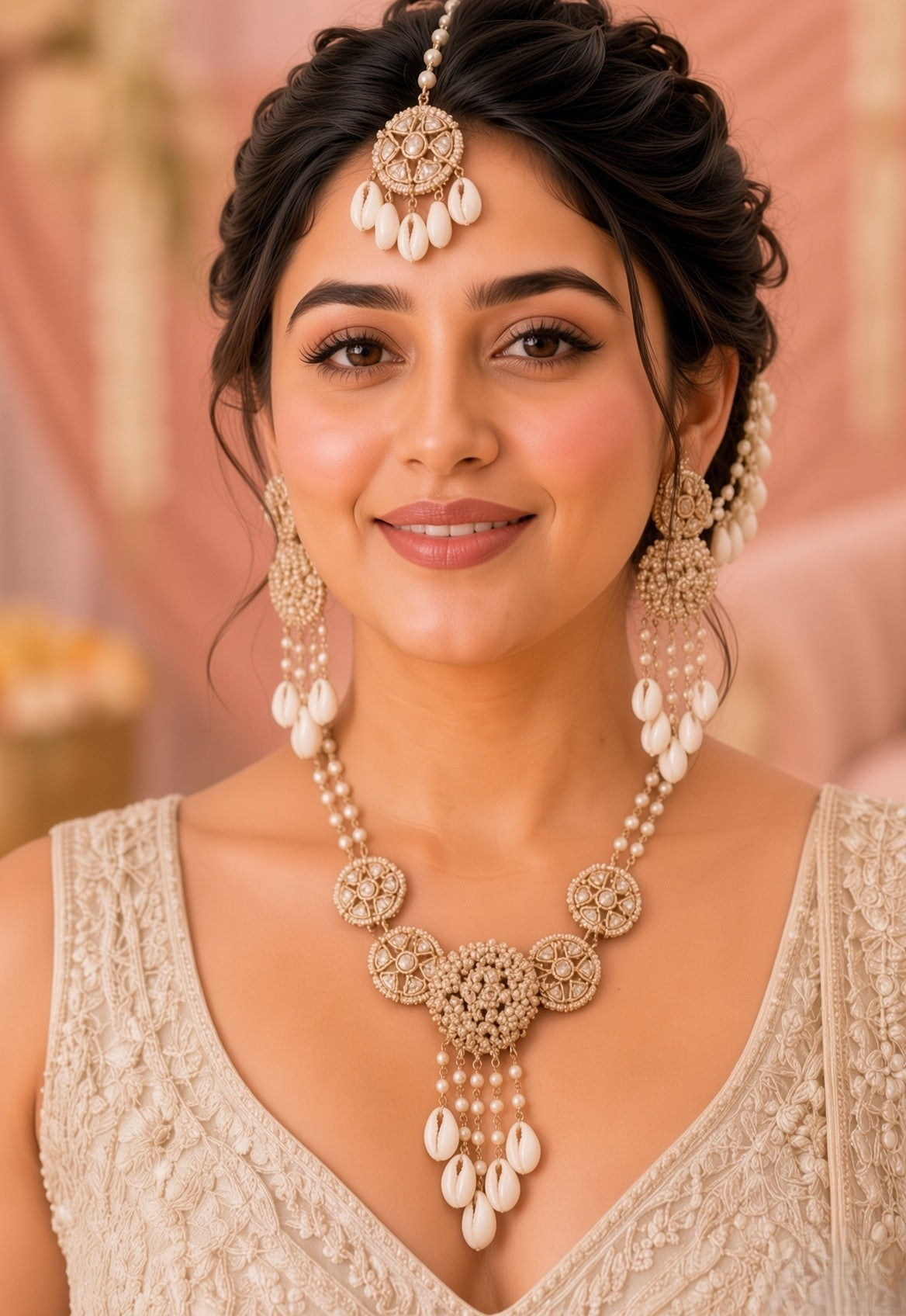 Off-White Pearl & Sea Shell Jewellery Set for Haldi Mehndi
