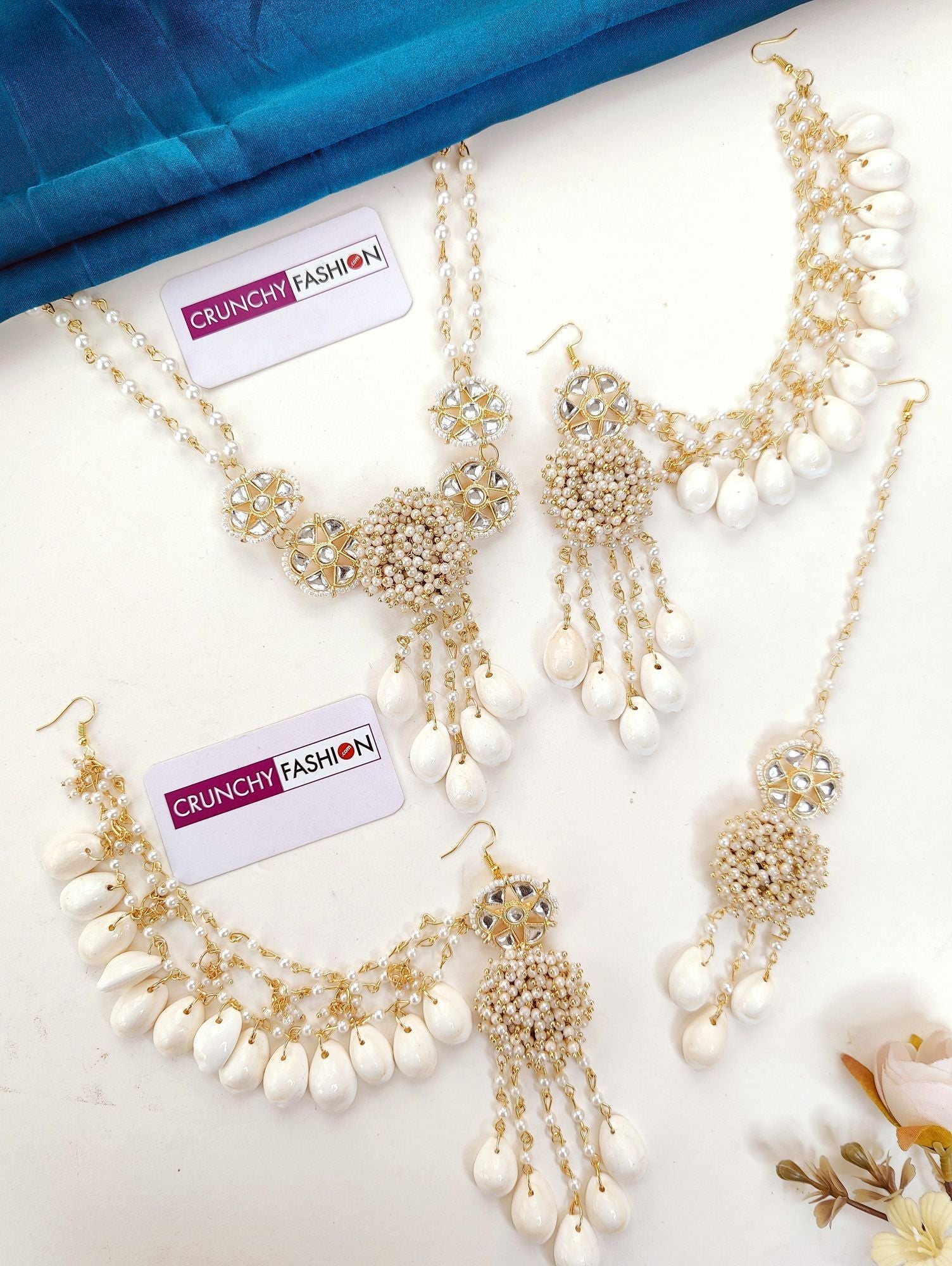 Ethereal Off-White Haldi Mehndi Sea Shell Jewellery Set with Gold Plating