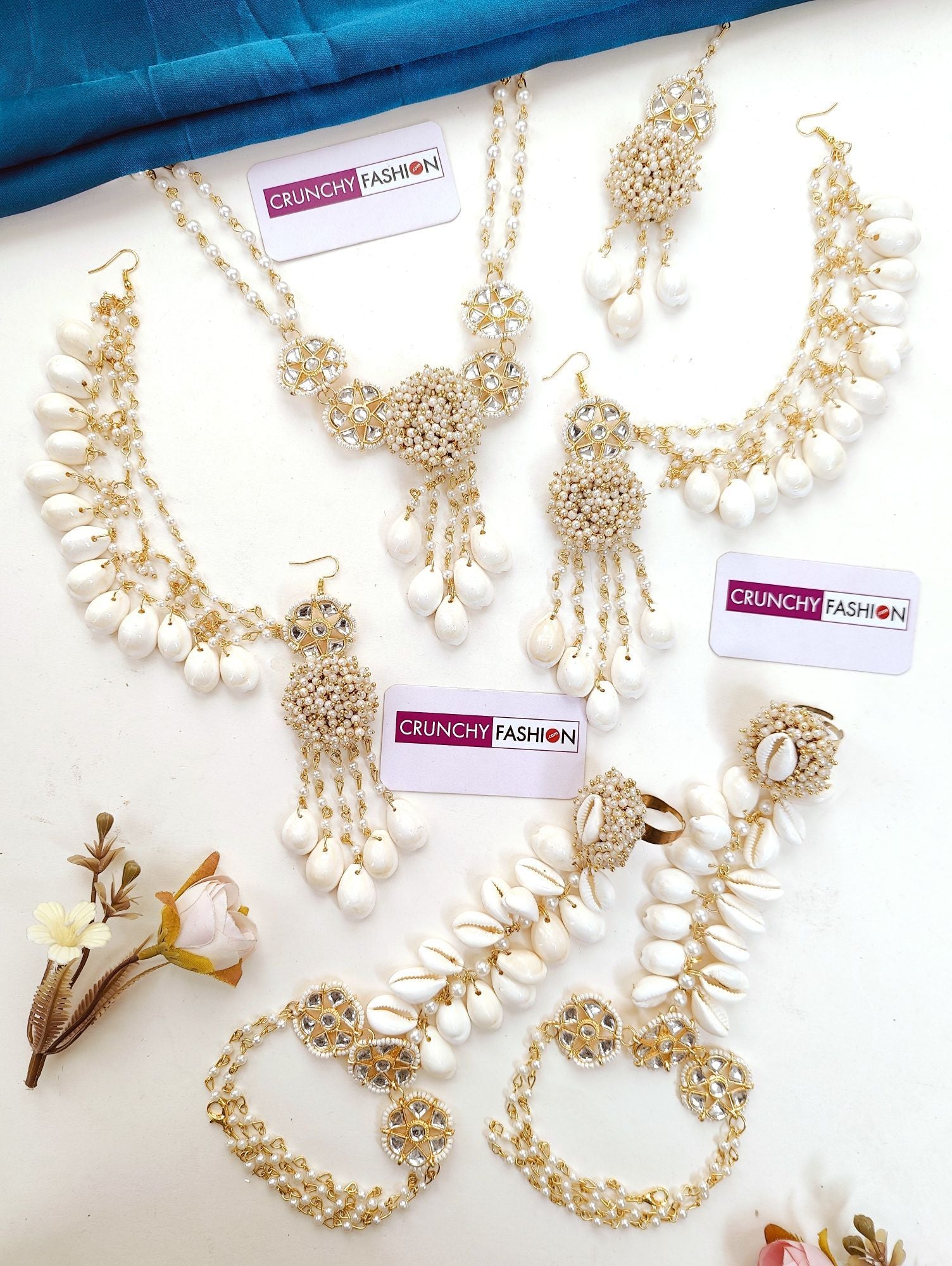 Ethereal Off-White Haldi Mehndi Sea Shell Jewellery Set with Gold Plating