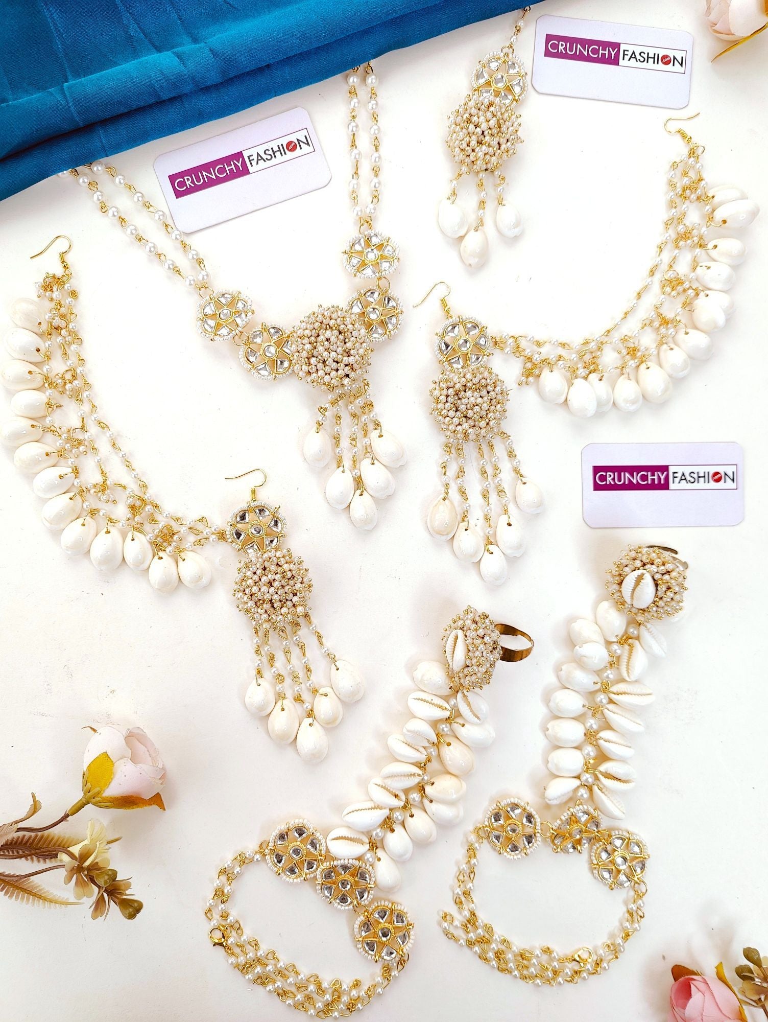 Ethereal Off-White Haldi Mehndi Sea Shell Jewellery Set with Gold Plating