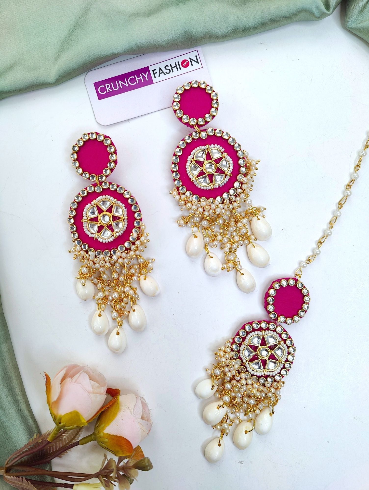 Elegant pink sea shell haldi mehndi jewellery set with gold plating for women & girls, perfect for weddings & festivals