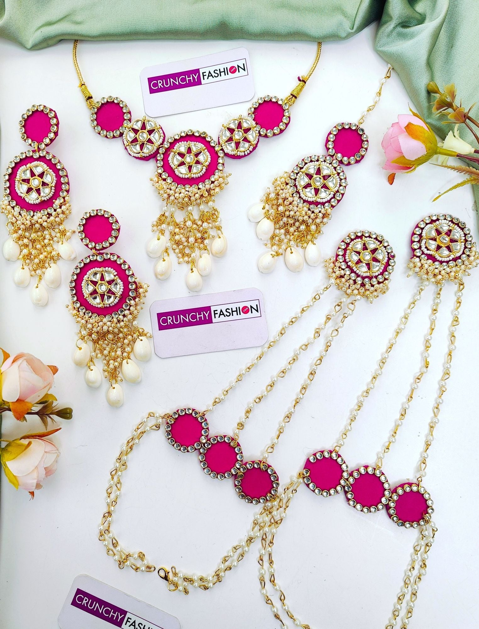 Elegant pink sea shell haldi mehndi jewellery set with gold plating for women & girls, perfect for weddings & festivals