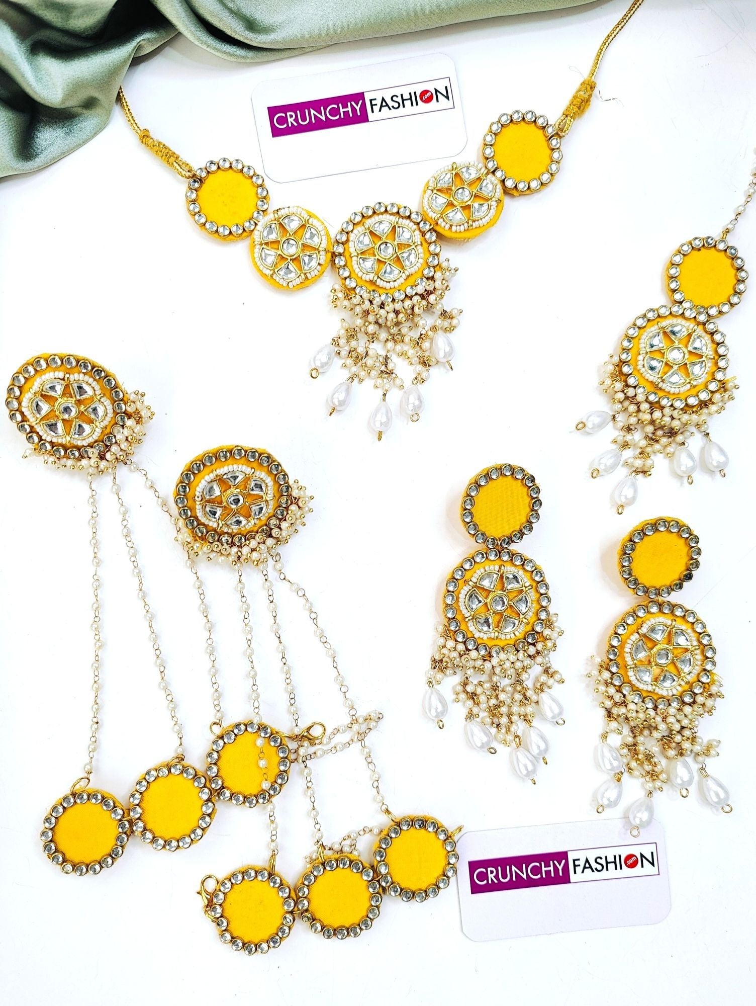 Yellow Haldi Mehndi set with Sea Shell, Kundan, gold-plated flowers for women & girls, ideal for weddings, festivals.