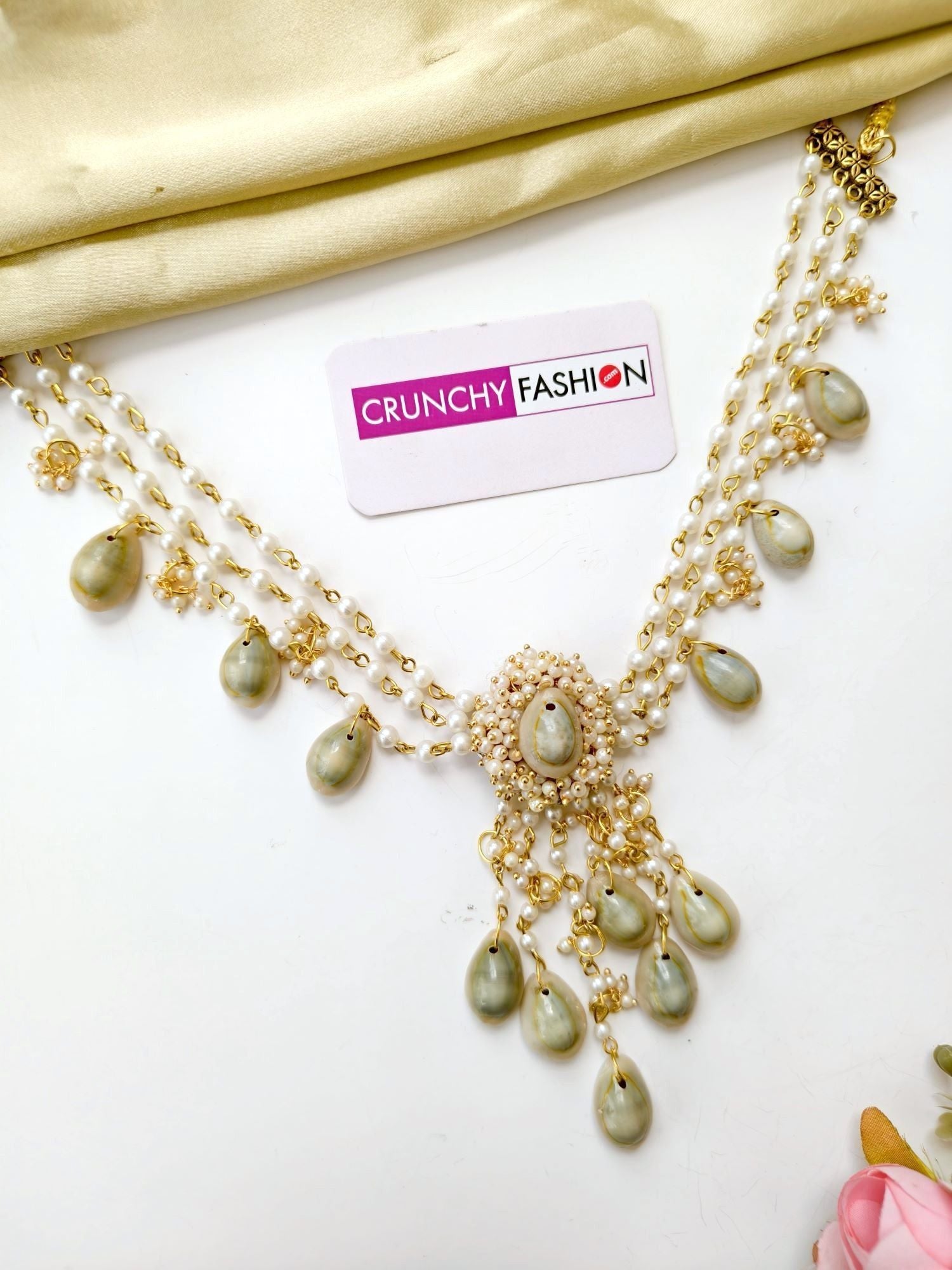handmade seashell jewellery set for haldi mehndi brides, cowrie and pearl