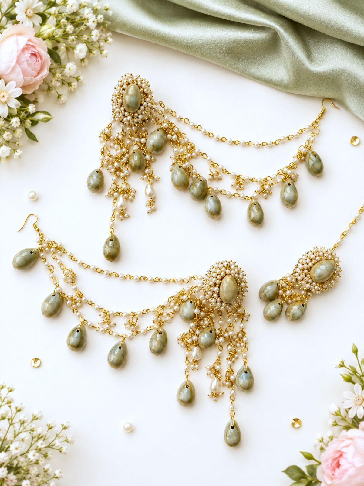 handmade seashell jewellery set for haldi mehndi brides, cowrie and pearl