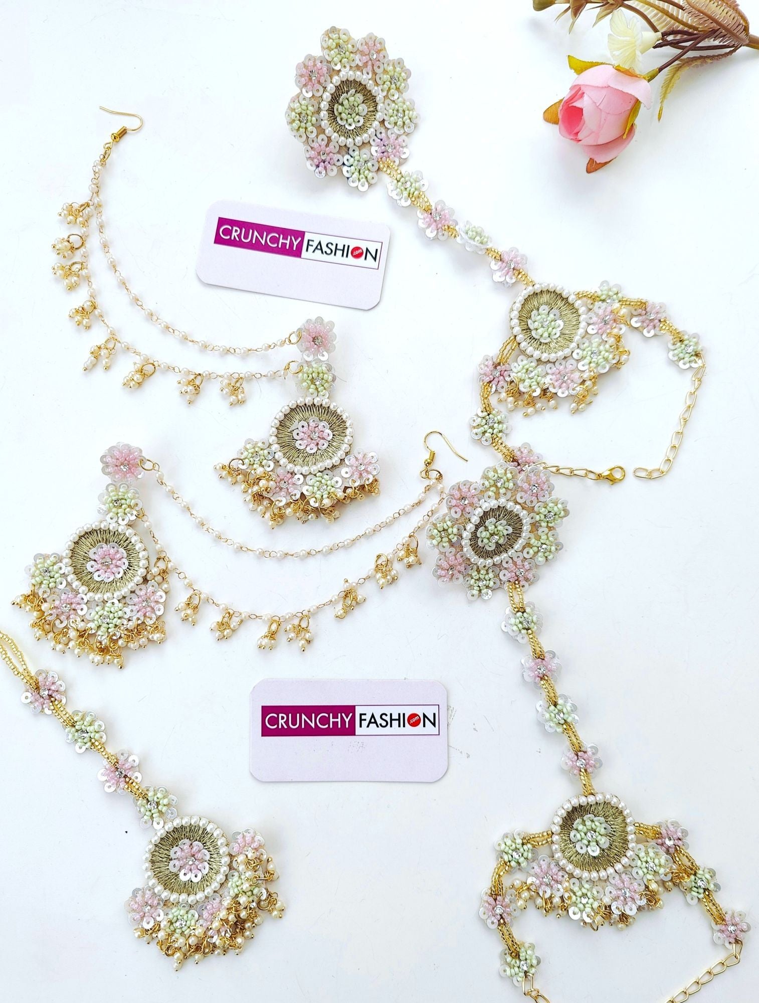 Handmade Baby Pink-Mint Green Floral Jewellery Set for Brides, perfect for haldi-Mehndi and Carnival occasions