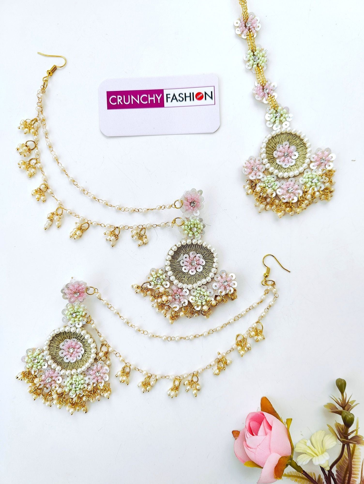 Handmade Baby Pink-Mint Green Floral Jewellery Set for Brides, perfect for haldi-Mehndi and Carnival occasions