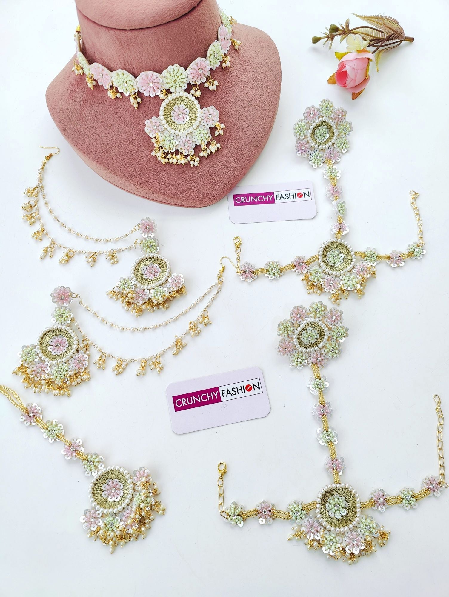 Handmade Baby Pink-Mint Green Floral Jewellery Set for Brides, perfect for haldi-Mehndi and Carnival occasions