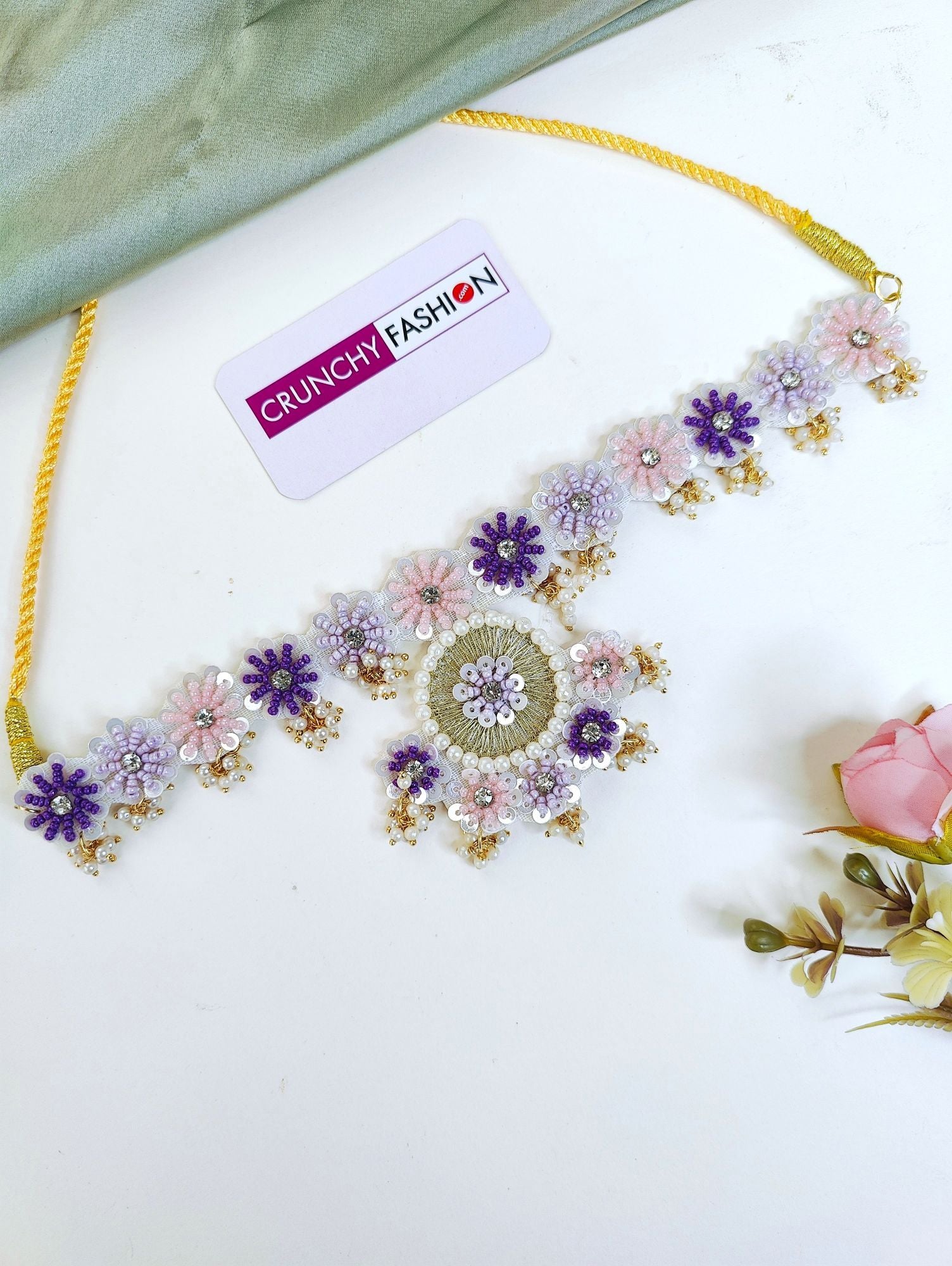 Lavender-pink handmade floral design Carnival jewellery set, ideal for haldi ceremony for brides