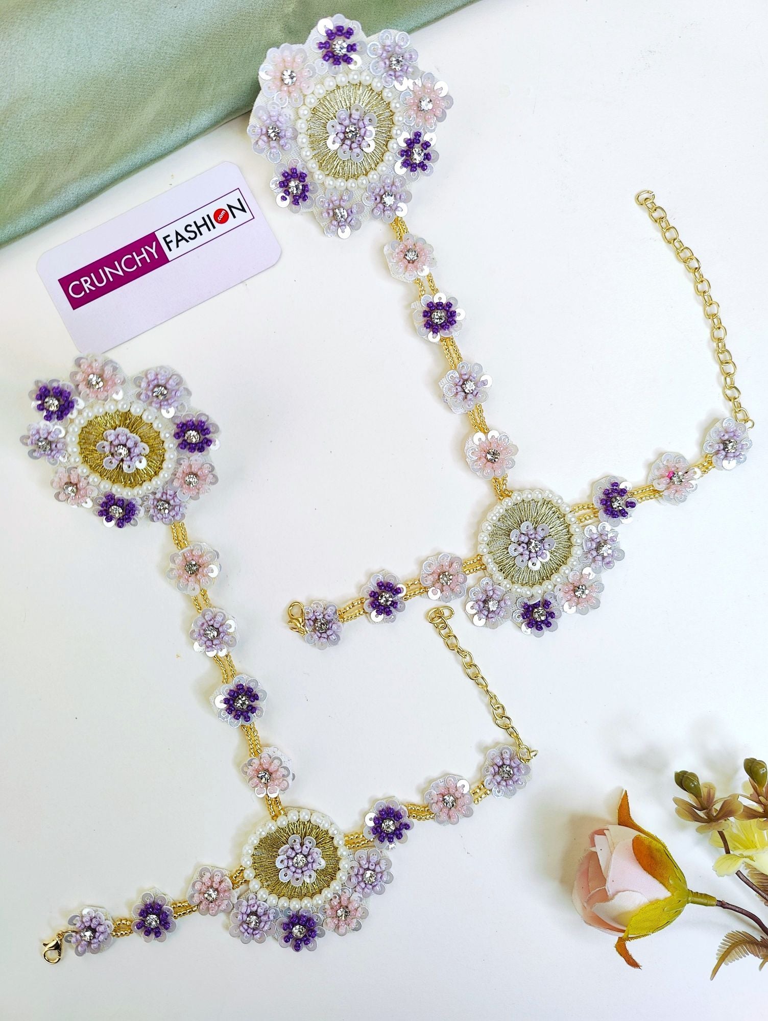 Lavender-pink handmade floral design Carnival jewellery set, ideal for haldi ceremony for brides
