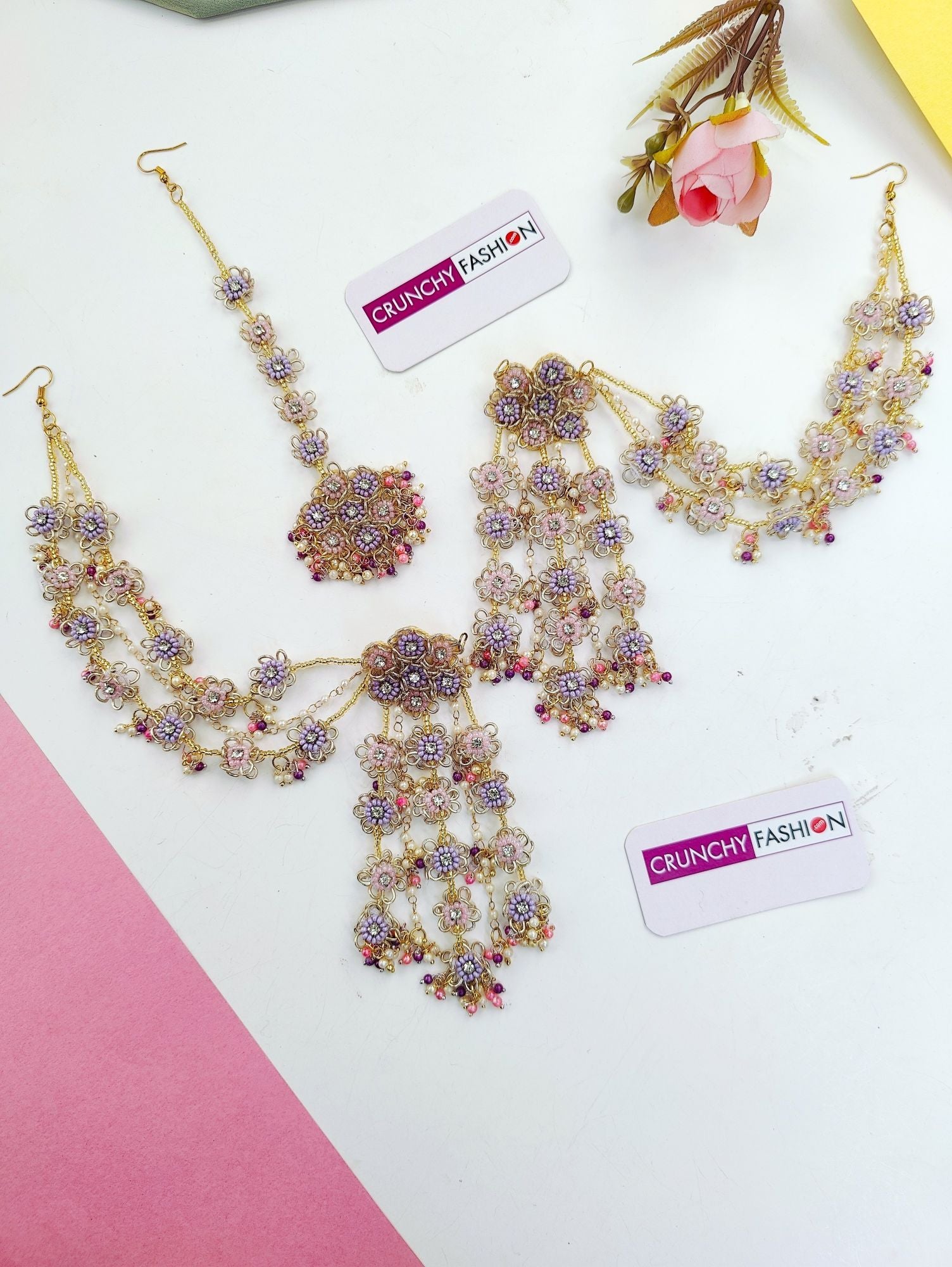 Lavender-Pink Handmade Beded Floral Jewellery Set for Bridal Haldi-Mehndi