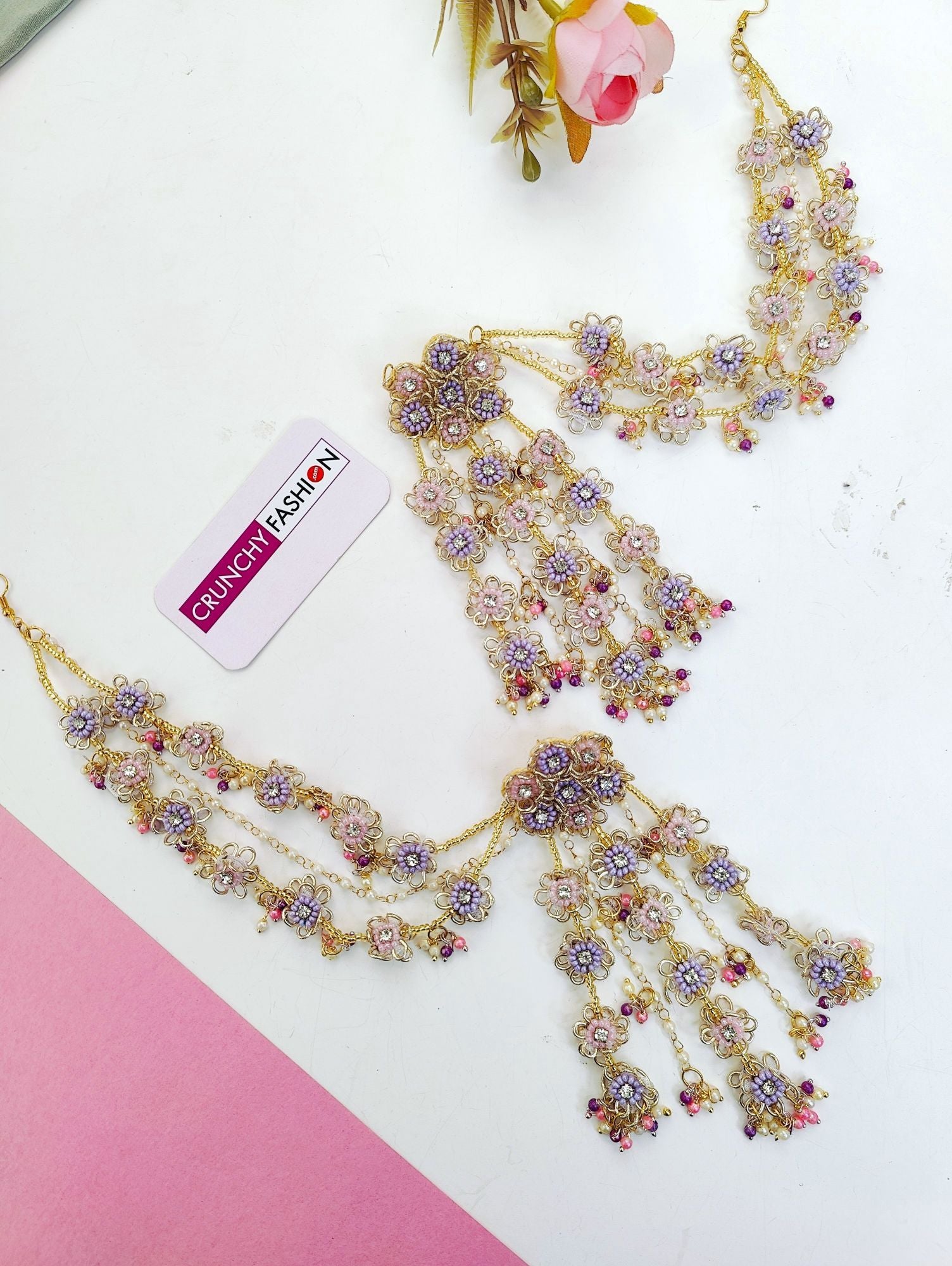 Lavender-Pink Handmade Beded Floral Jewellery Set for Bridal Haldi-Mehndi