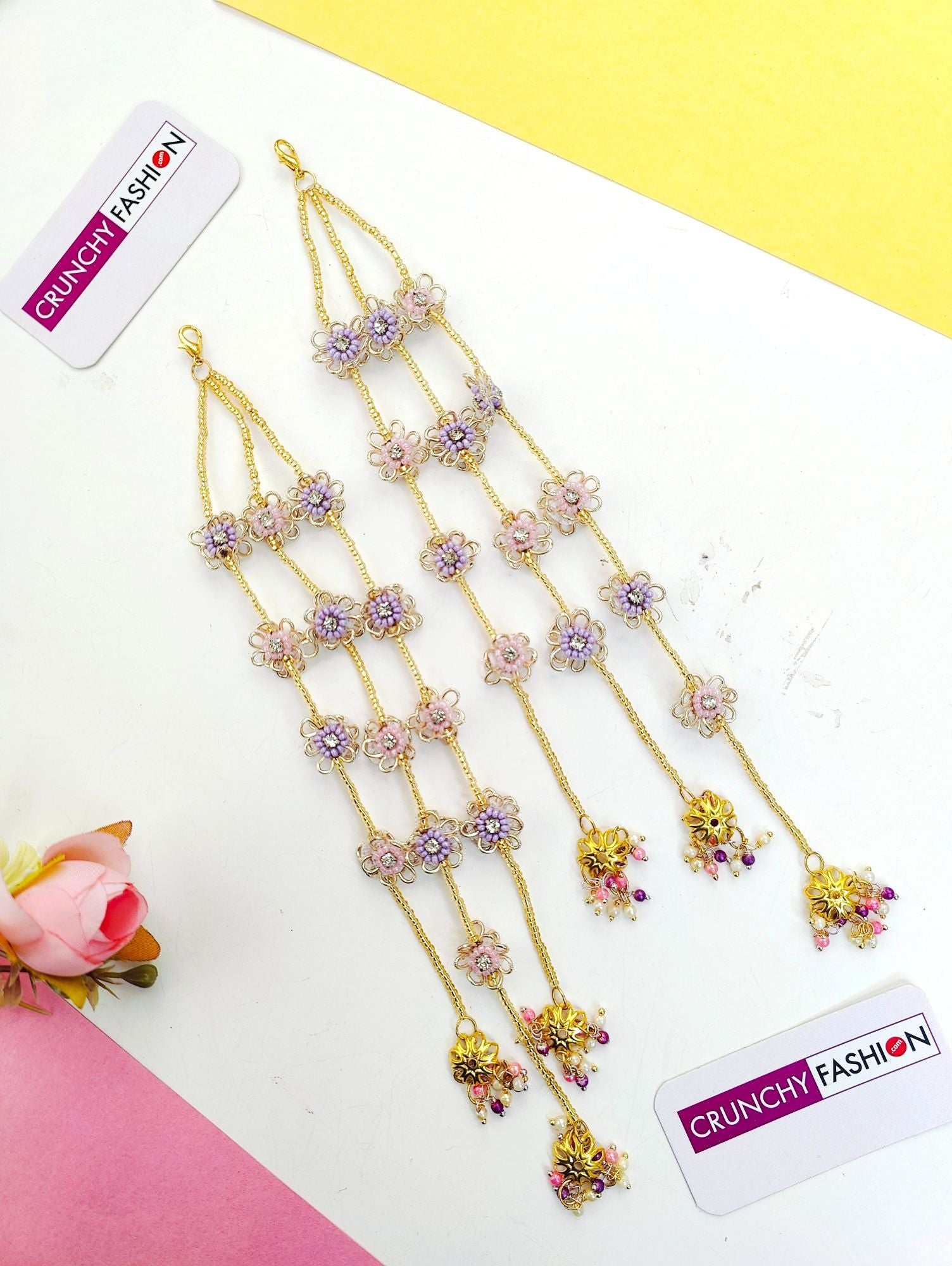 Lavender-Pink Handmade Beded Floral Jewellery Set for Bridal Haldi-Mehndi