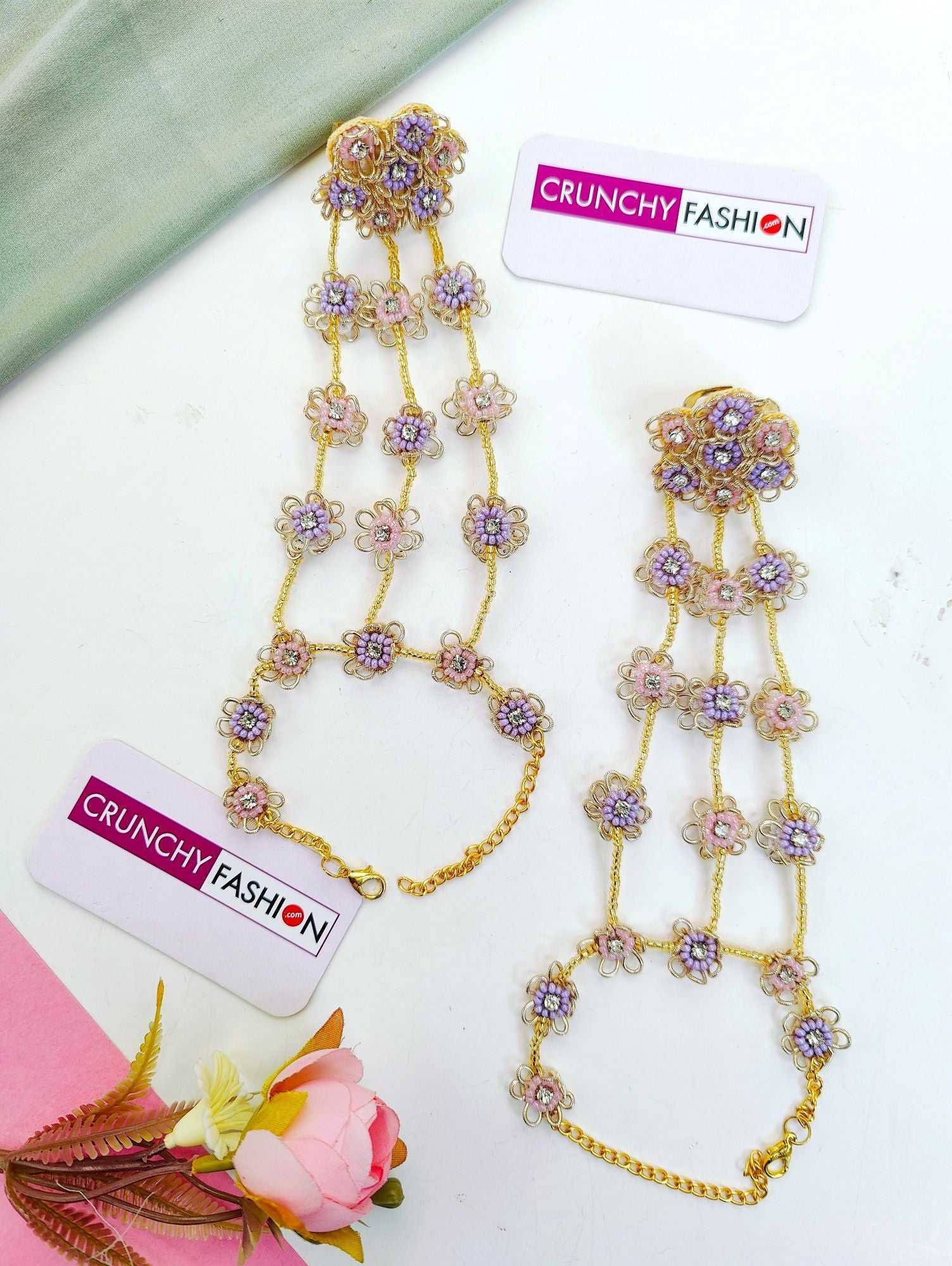 Lavender-Pink Handmade Beded Floral Jewellery Set for Bridal Haldi-Mehndi