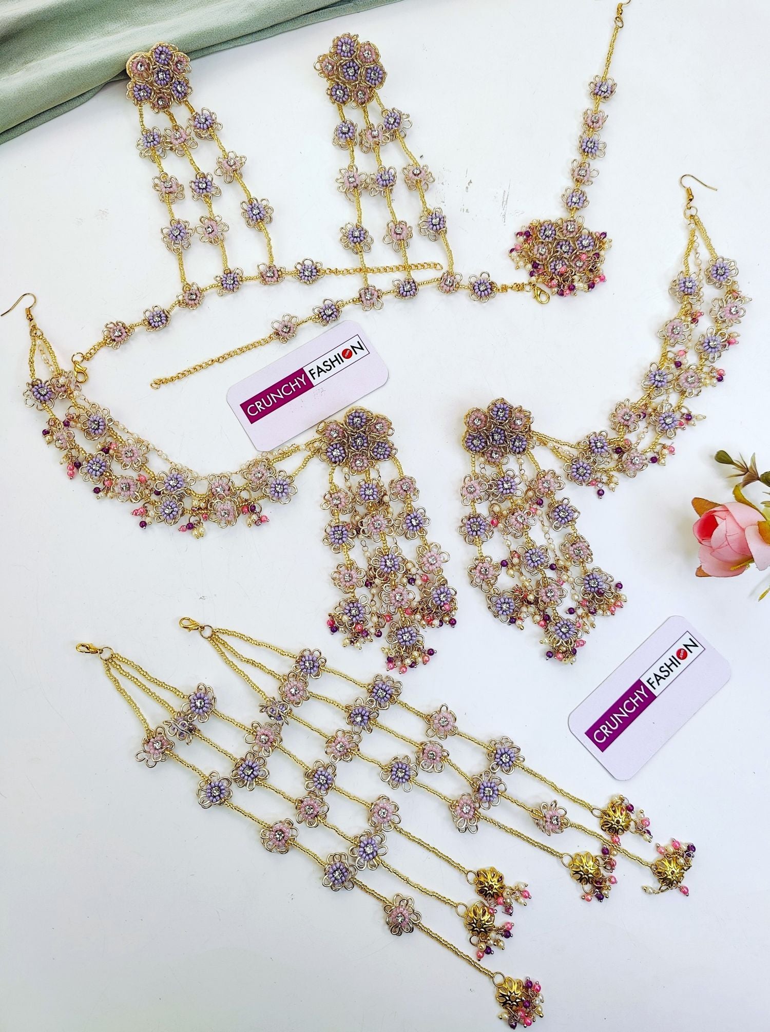 Lavender-Pink Handmade Beded Floral Jewellery Set for Bridal Haldi-Mehndi