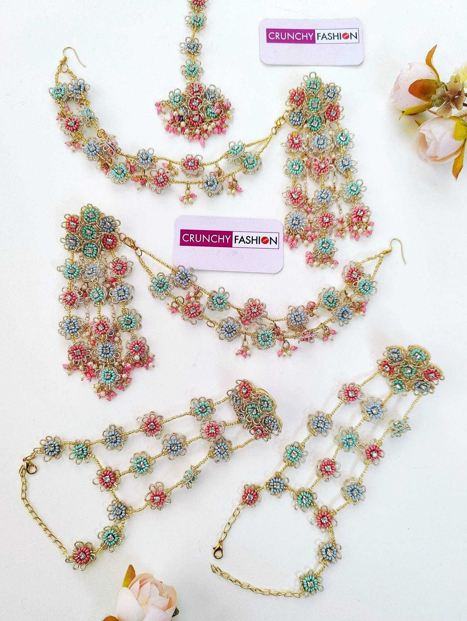 Handmade Pastel Pink-Sky Blue Handmade Beaded Floral Jewelry for Haldi-Mehndi carnivals