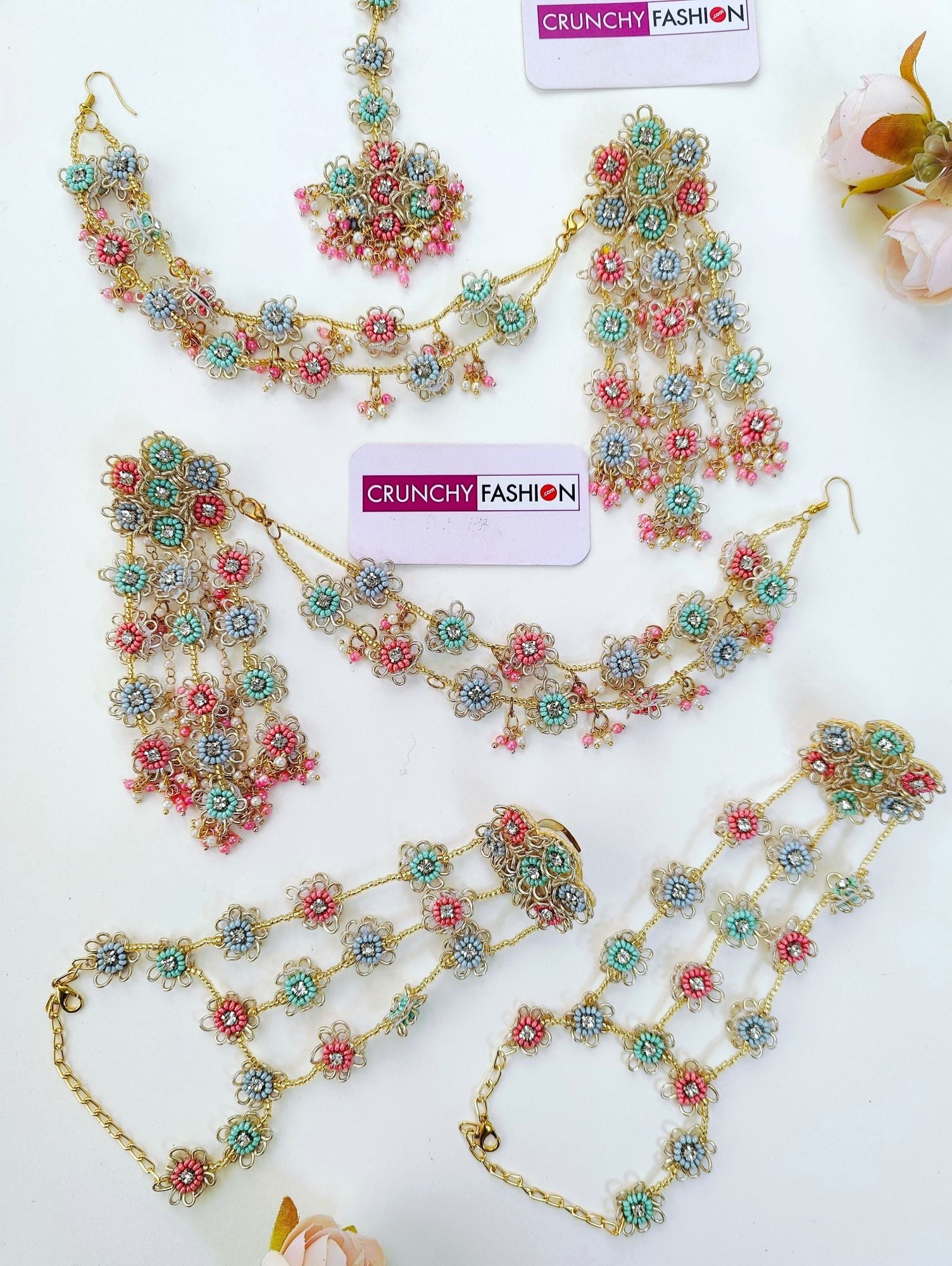 Handmade Pastel Pink-Sky Blue Handmade Beaded Floral Jewelry for Haldi-Mehndi carnivals