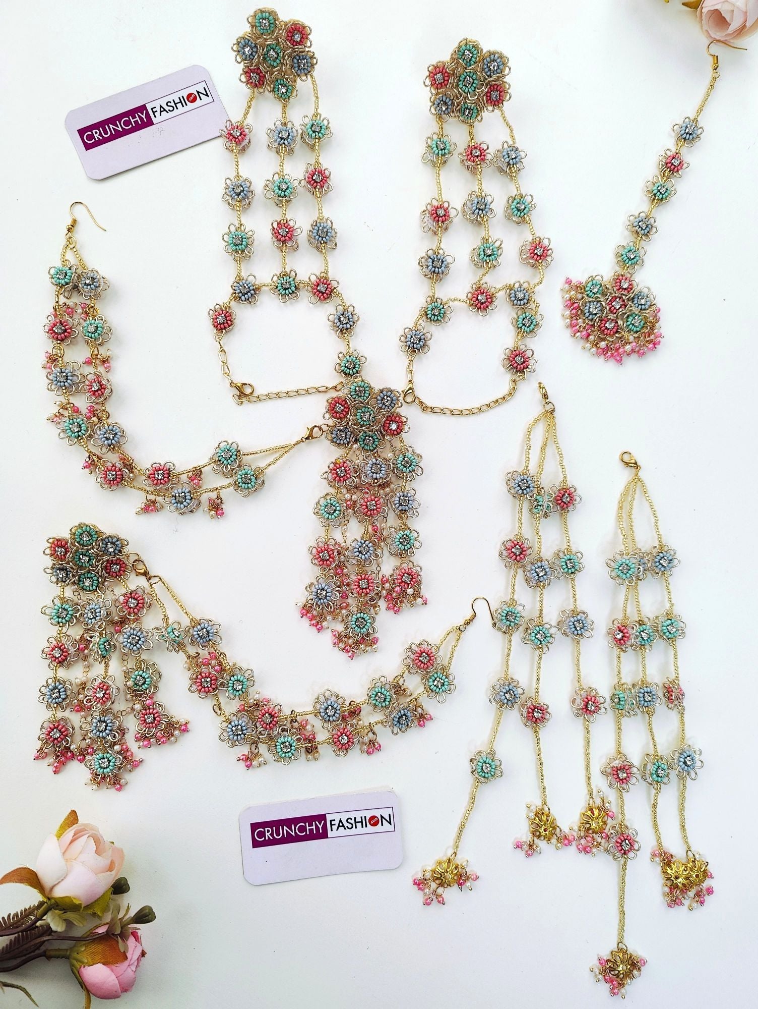 Handmade Pastel Pink-Sky Blue Handmade Beaded Floral Jewelry for Haldi-Mehndi carnivals