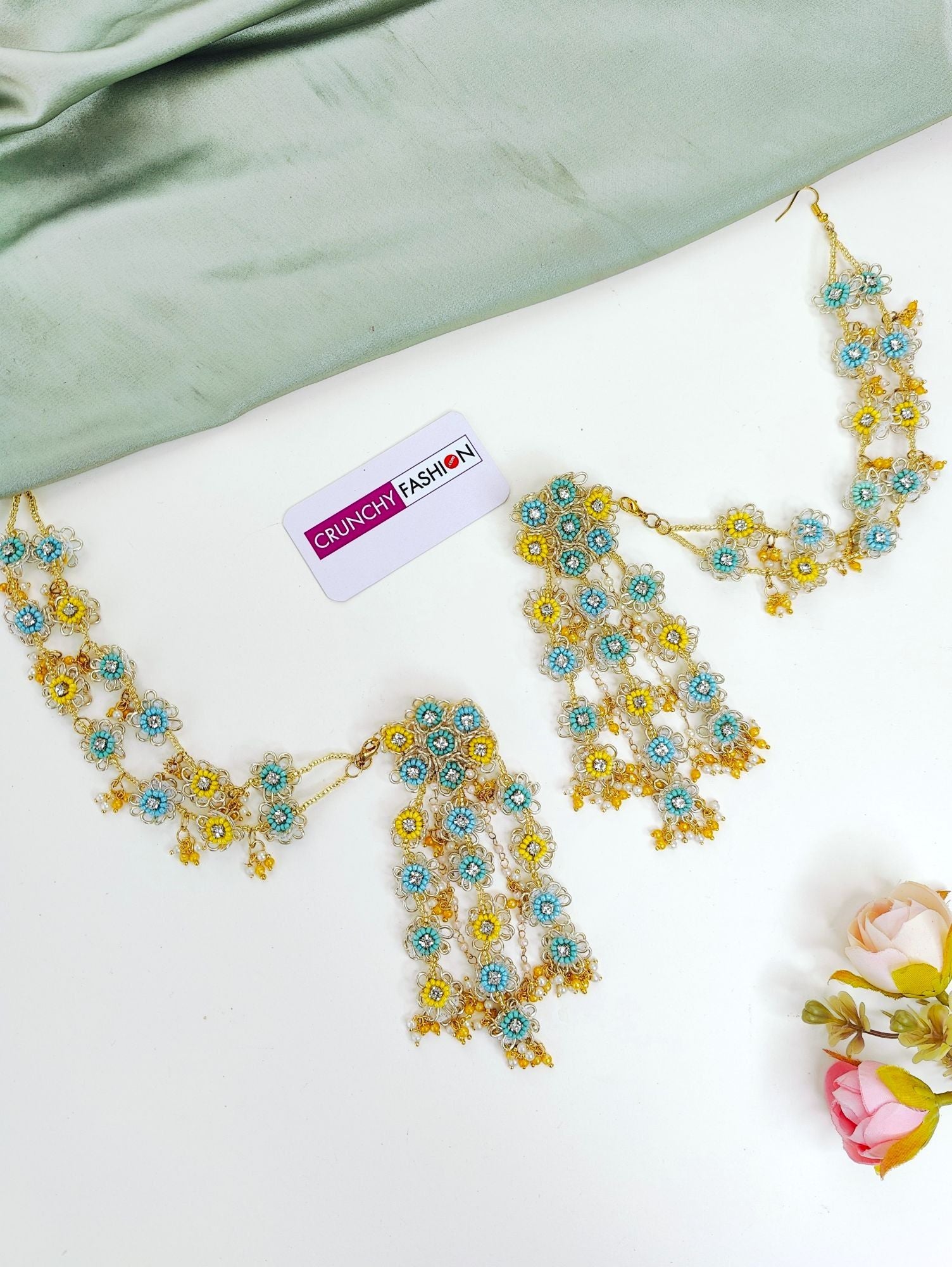 Yellow comma Sky-Blue Designer Jewellery set for haldi-Mehndi, handcrafted with Floral Beads, ideal for brides' festivities.