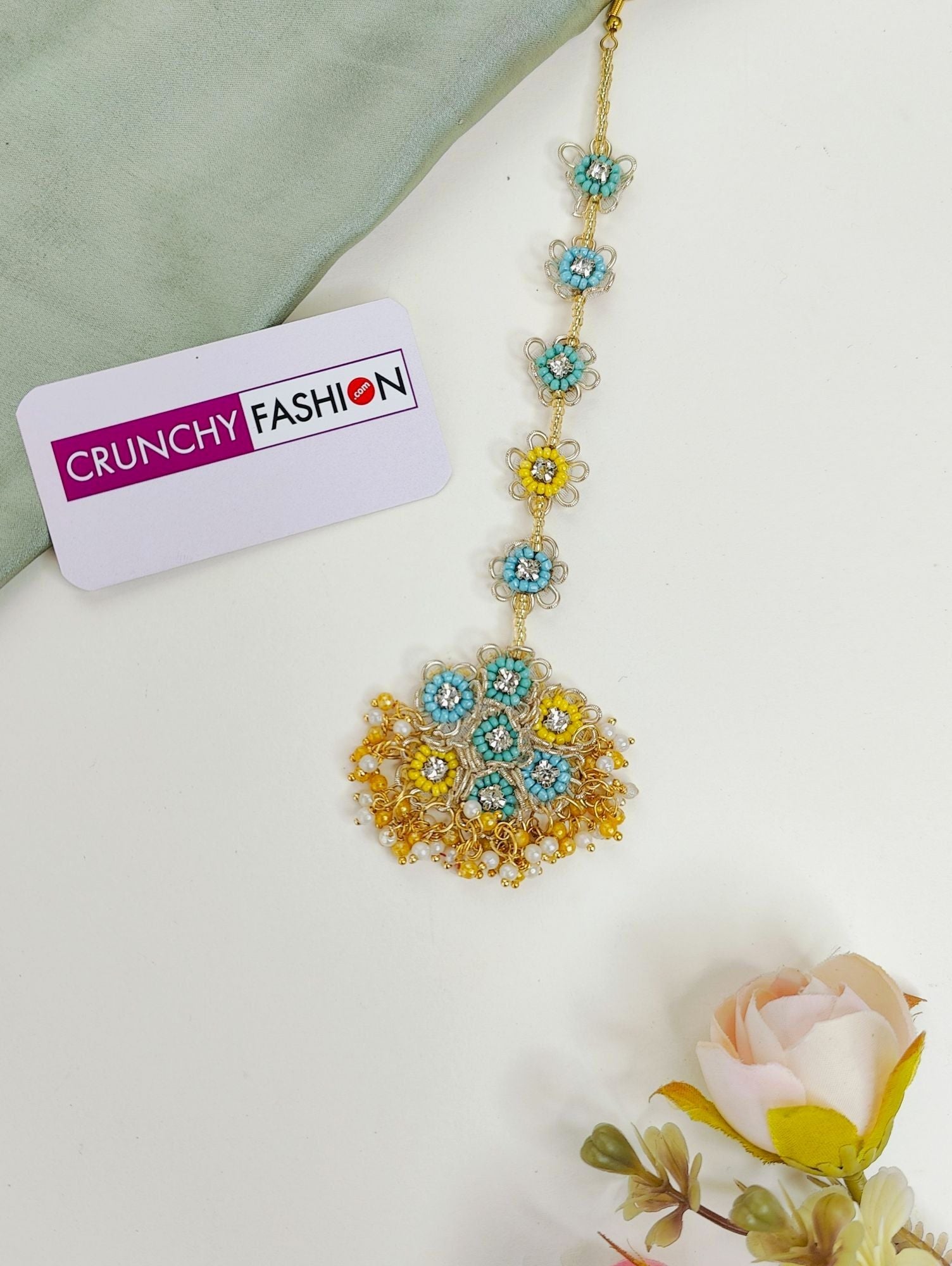 Yellow comma Sky-Blue Designer Jewellery set for haldi-Mehndi, handcrafted with Floral Beads, ideal for brides' festivities.