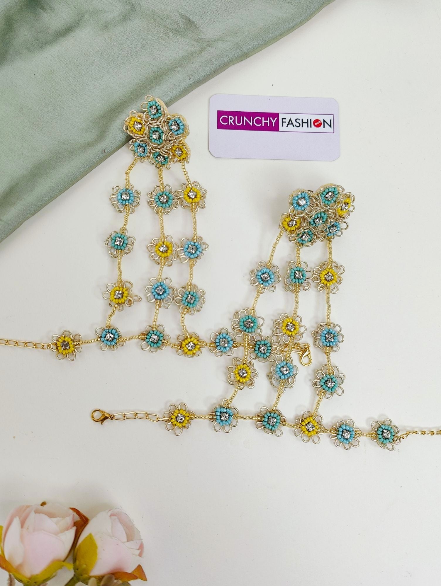 Yellow comma Sky-Blue Designer Jewellery set for haldi-Mehndi, handcrafted with Floral Beads, ideal for brides' festivities.