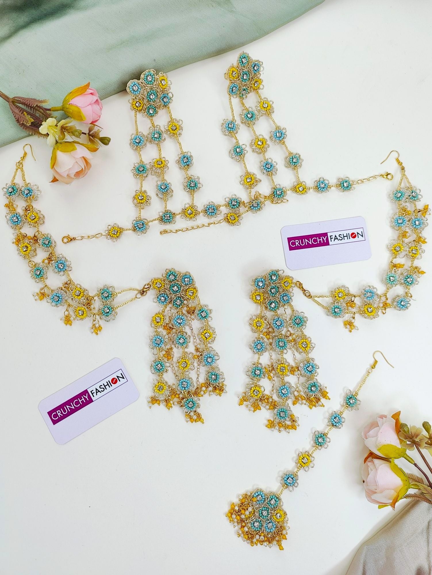 Yellow comma Sky-Blue Designer Jewellery set for haldi-Mehndi, handcrafted with Floral Beads, ideal for brides' festivities.
