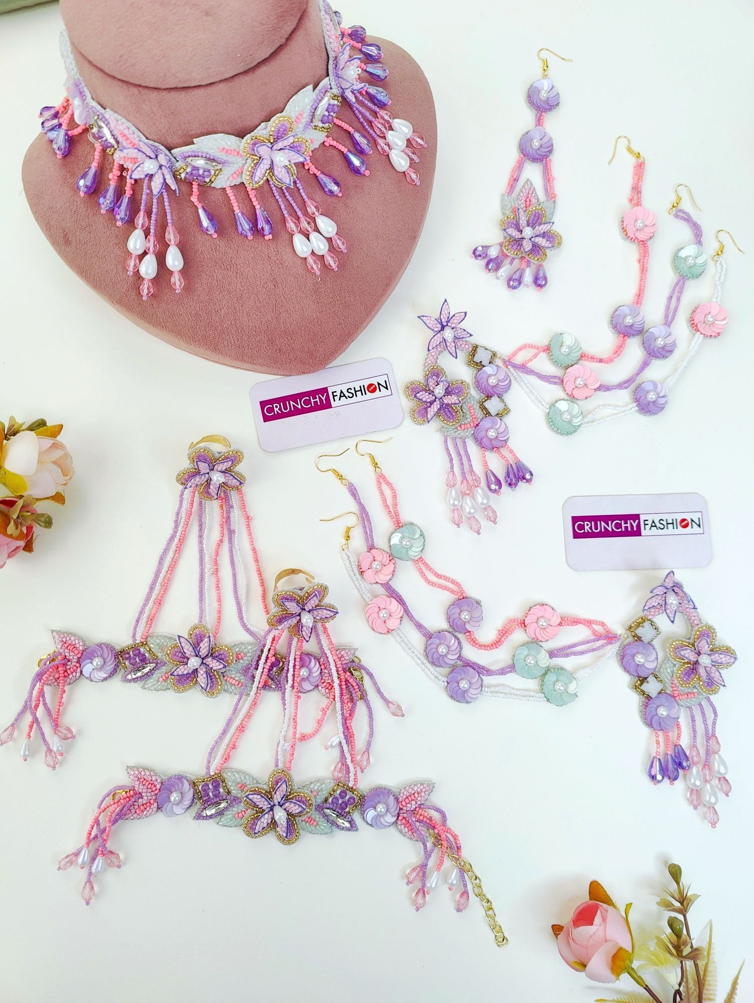 Handmade Lavender 3D Floral jewellery set for brides, ideal for wedding and haldi ceremonies