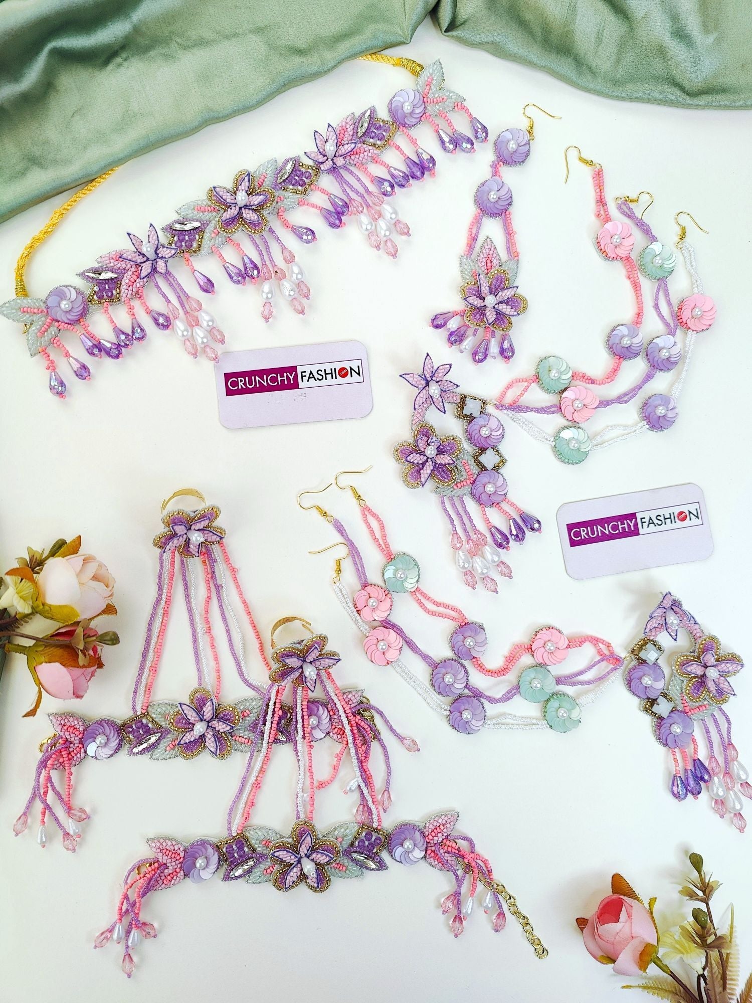 Handmade Lavender 3D Floral jewellery set for brides, ideal for wedding and haldi ceremonies
