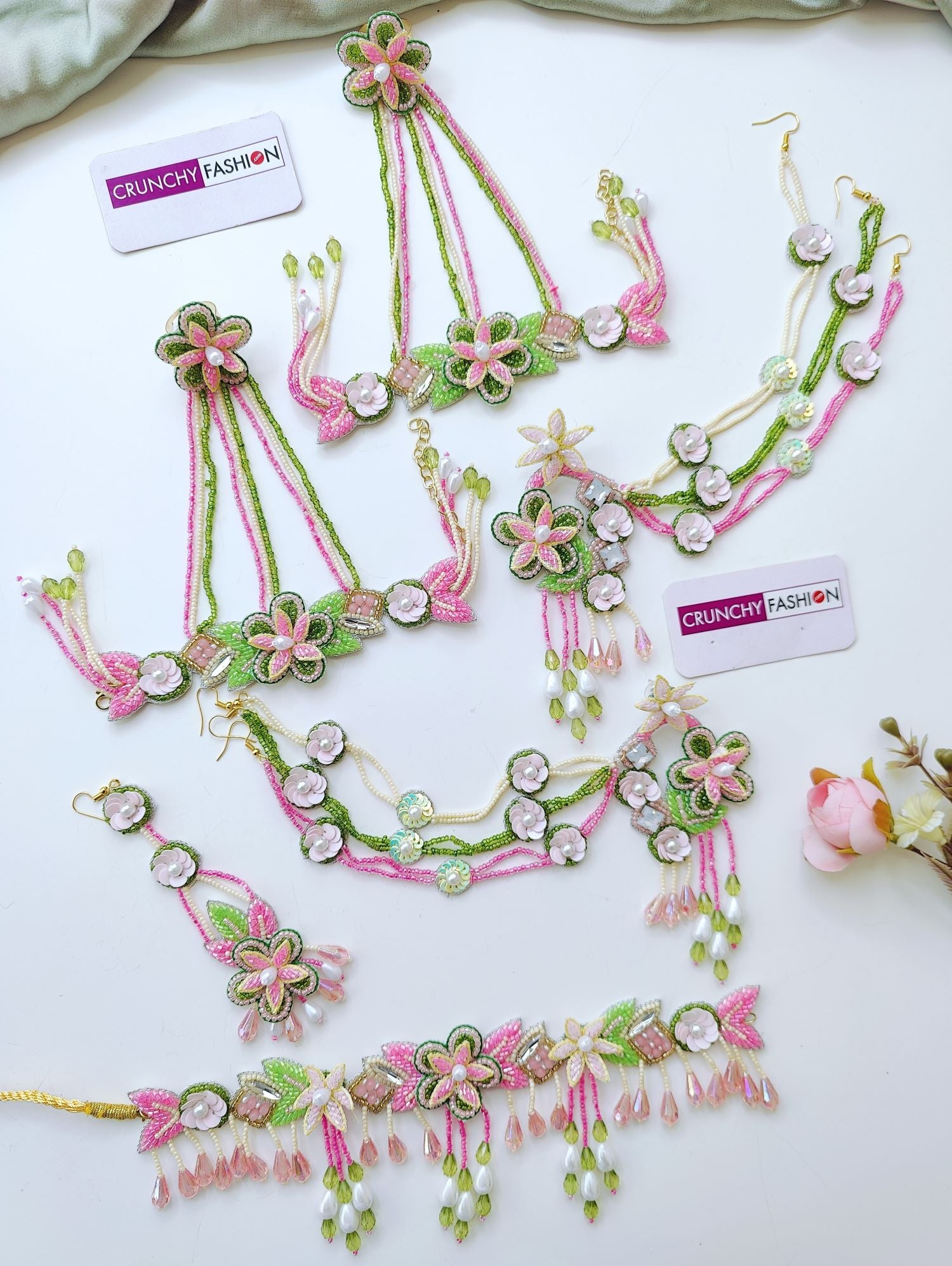 multicolored beaded floral jewelry set with pearls for haldi mehndi