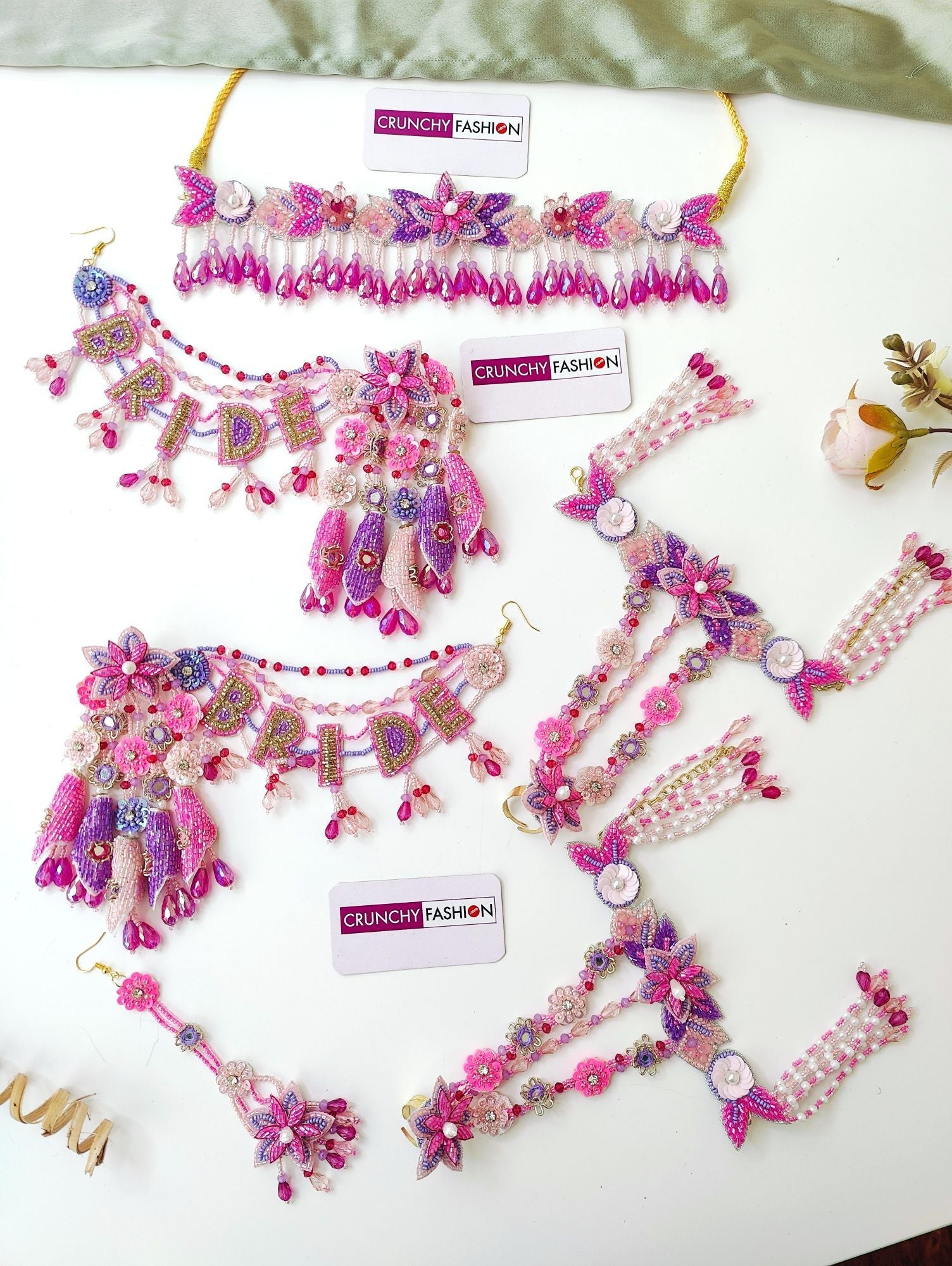 Pink-lavender bridal haldi mehndi flower jewellery set for brides