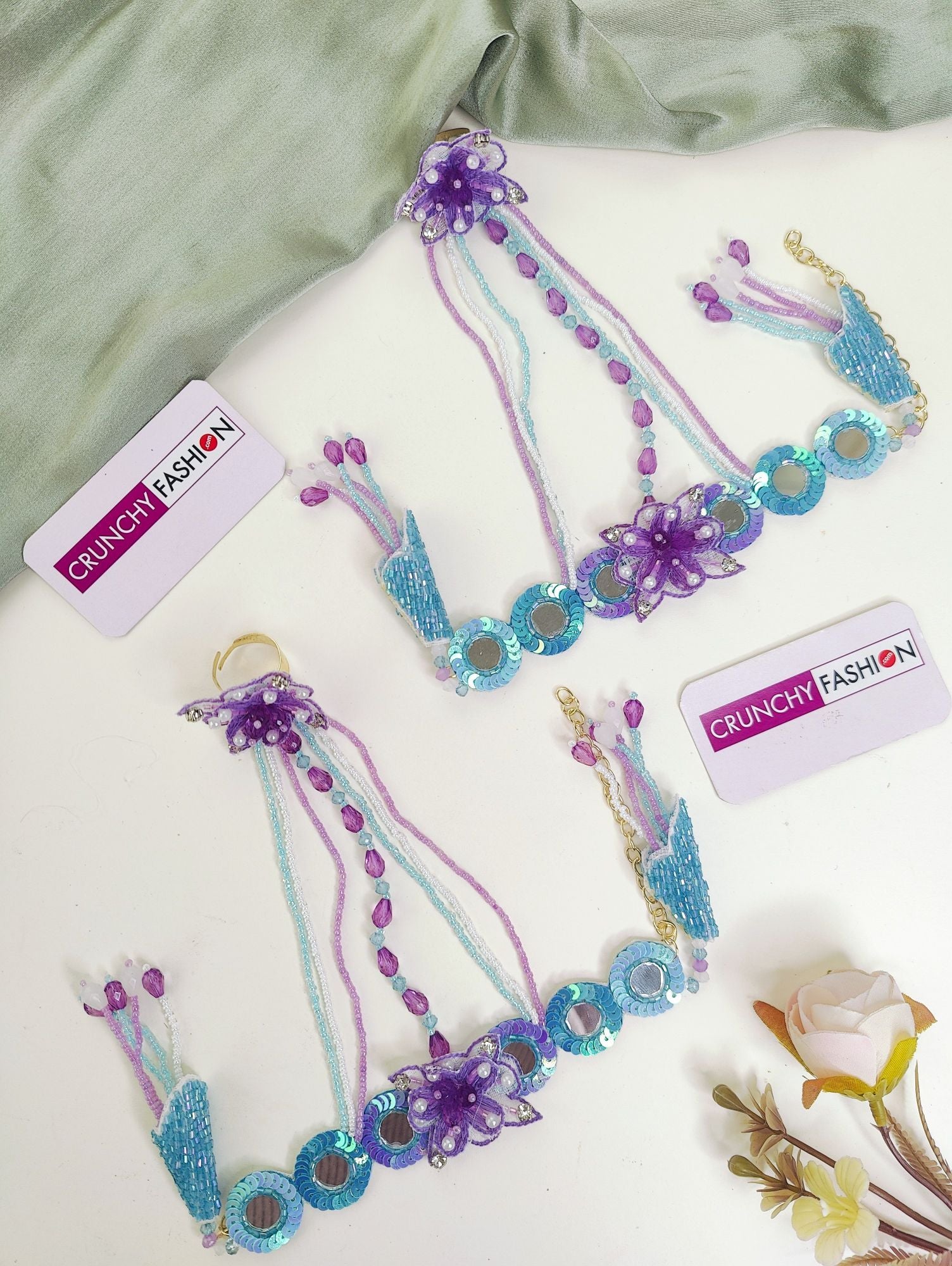 Lavender & Sky Blue Bridal Set: Floral Pearl & Beaded for Haldi-Mehndi