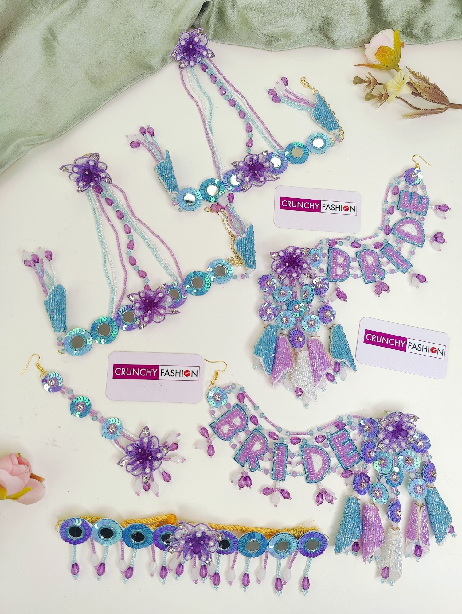 Lavender & Sky Blue Bridal Set: Floral Pearl & Beaded for Haldi-Mehndi