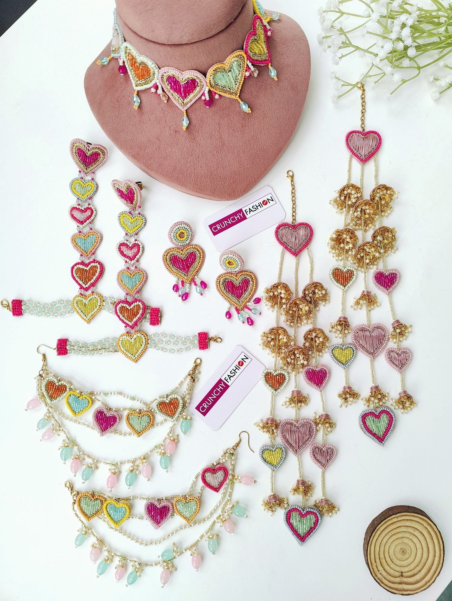 Floral Pastel Hearts Haldi-Mehndi Designer Jewellery Set for Brides, Handmade Beaded Carnival Collection