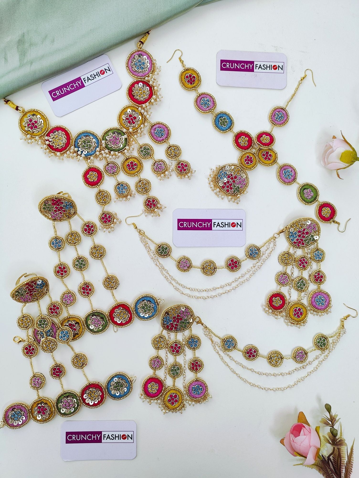 Multicolored floral beaded haldi-Mehndi jewellery set for brides