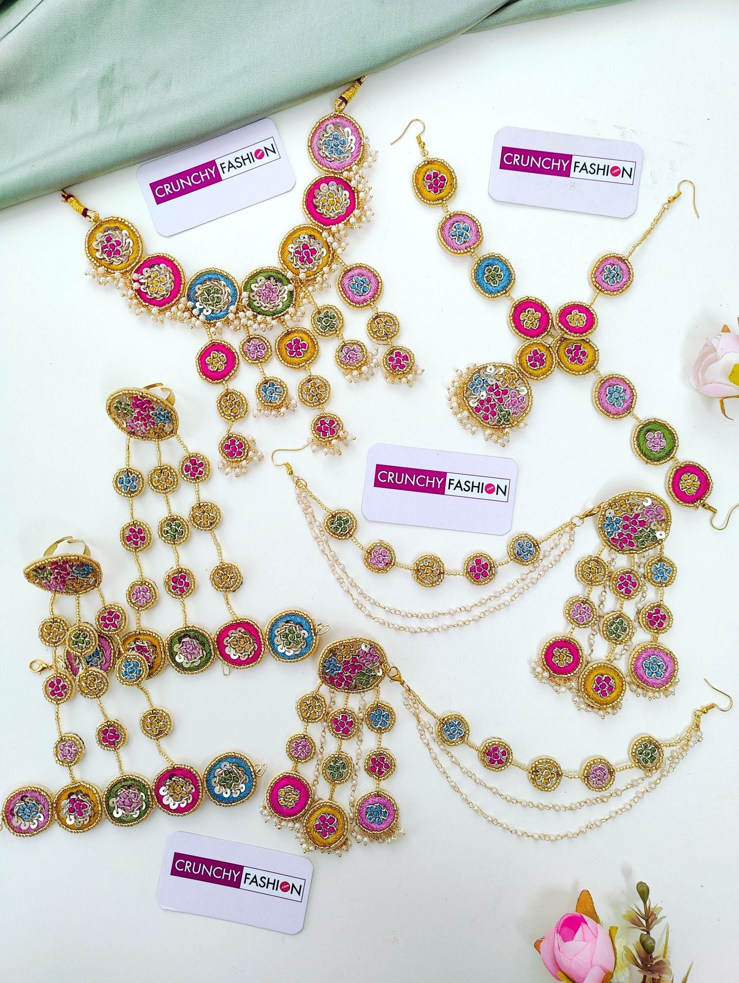 Multicolored floral beaded haldi-Mehndi jewellery set for brides