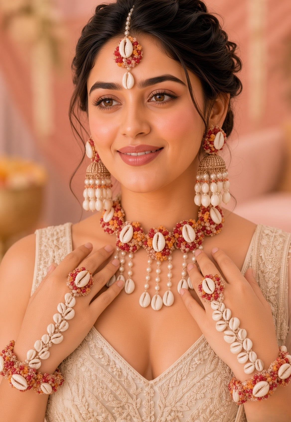 Yellow-Pink Sea Shell Haldi Mehndi Jewellery Set